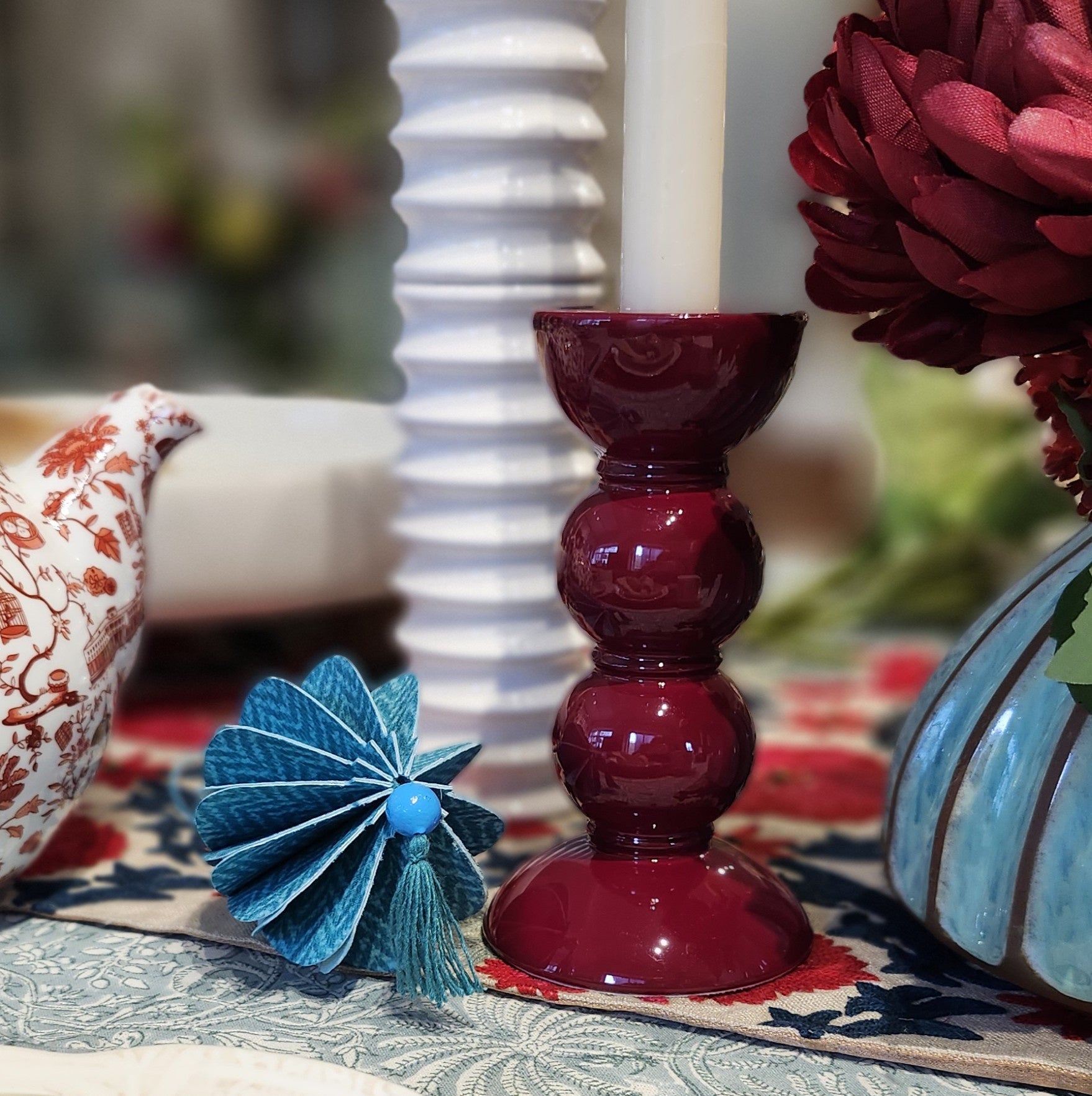 Cherry lacquer bobbin candlestick by Addison Ross