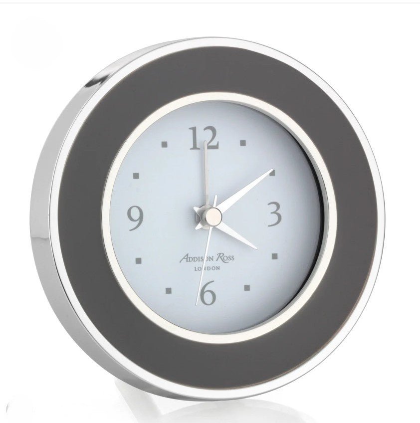 Round alarm clock with taupe enamel and silver rim and white face
