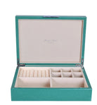 Green shagreen-effect jewellery box by Addison Ross with silver-plated clasp, cream suede lining