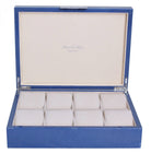 Blue shagreen-effect lacquer watch box with a silver clasp and eight compartments