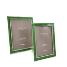 Enamel frame in leaf green by Addison Ross, 4 x 6 or 5 x 7 inch, silver plate with grey velvet back