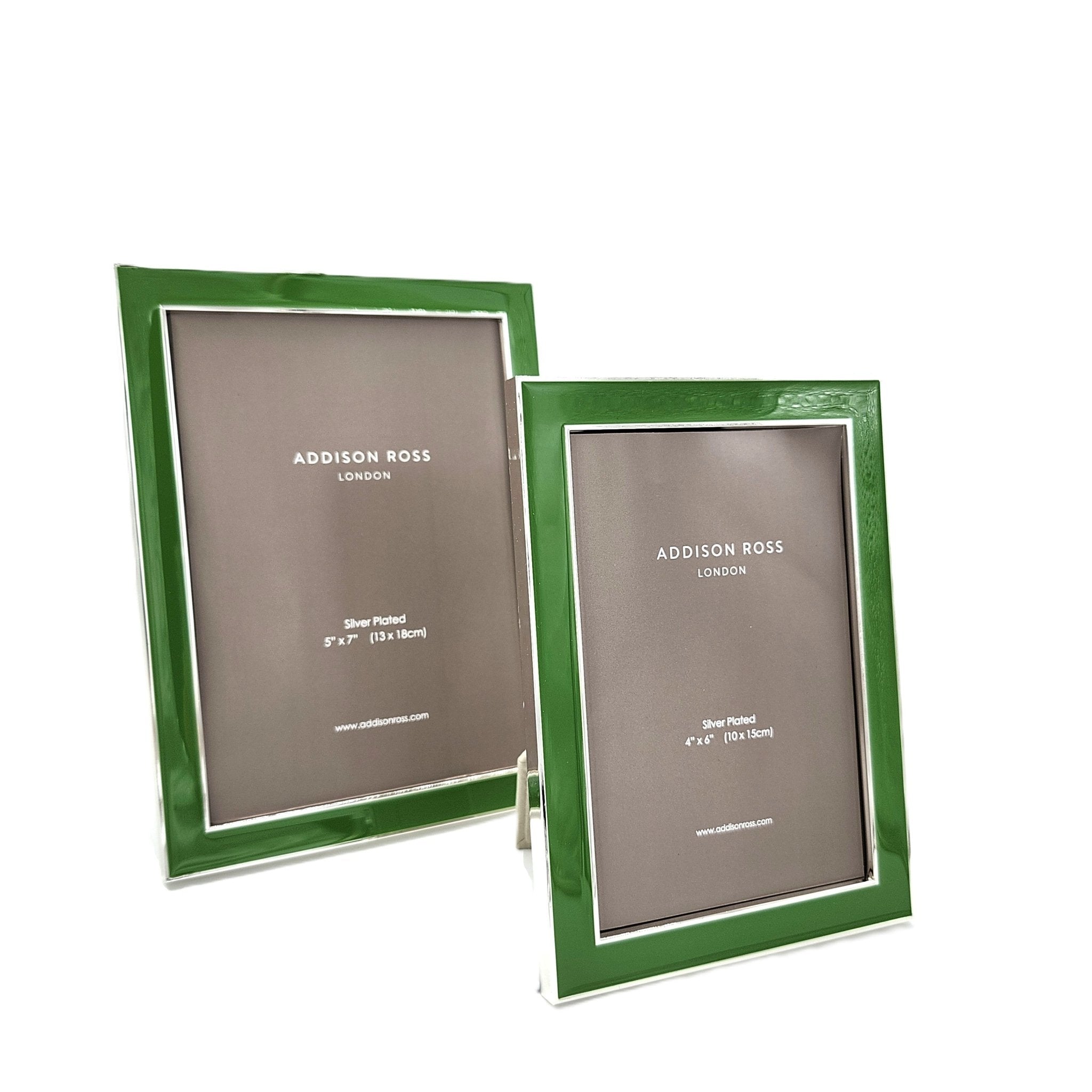Enamel frame in leaf green by Addison Ross, 4 x 6 or 5 x 7 inch, silver plate with grey velvet back