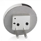 Back view of round alarm clock, finished in grey velvet