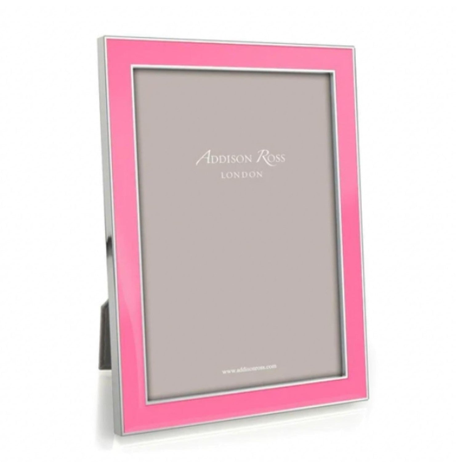 Enamel frame in electric pink by Addison Ross, 4 x 6 inch, silver plate with grey velvet back