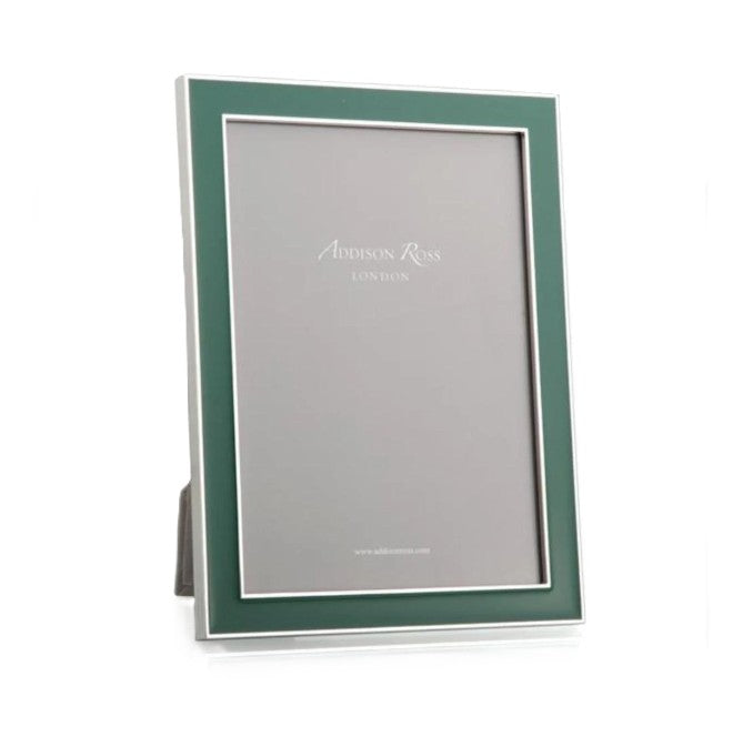 Enamel frame in fern green by Addison Ross, 4 x 6 or 5 x 7 inch, silver plate with grey velvet back