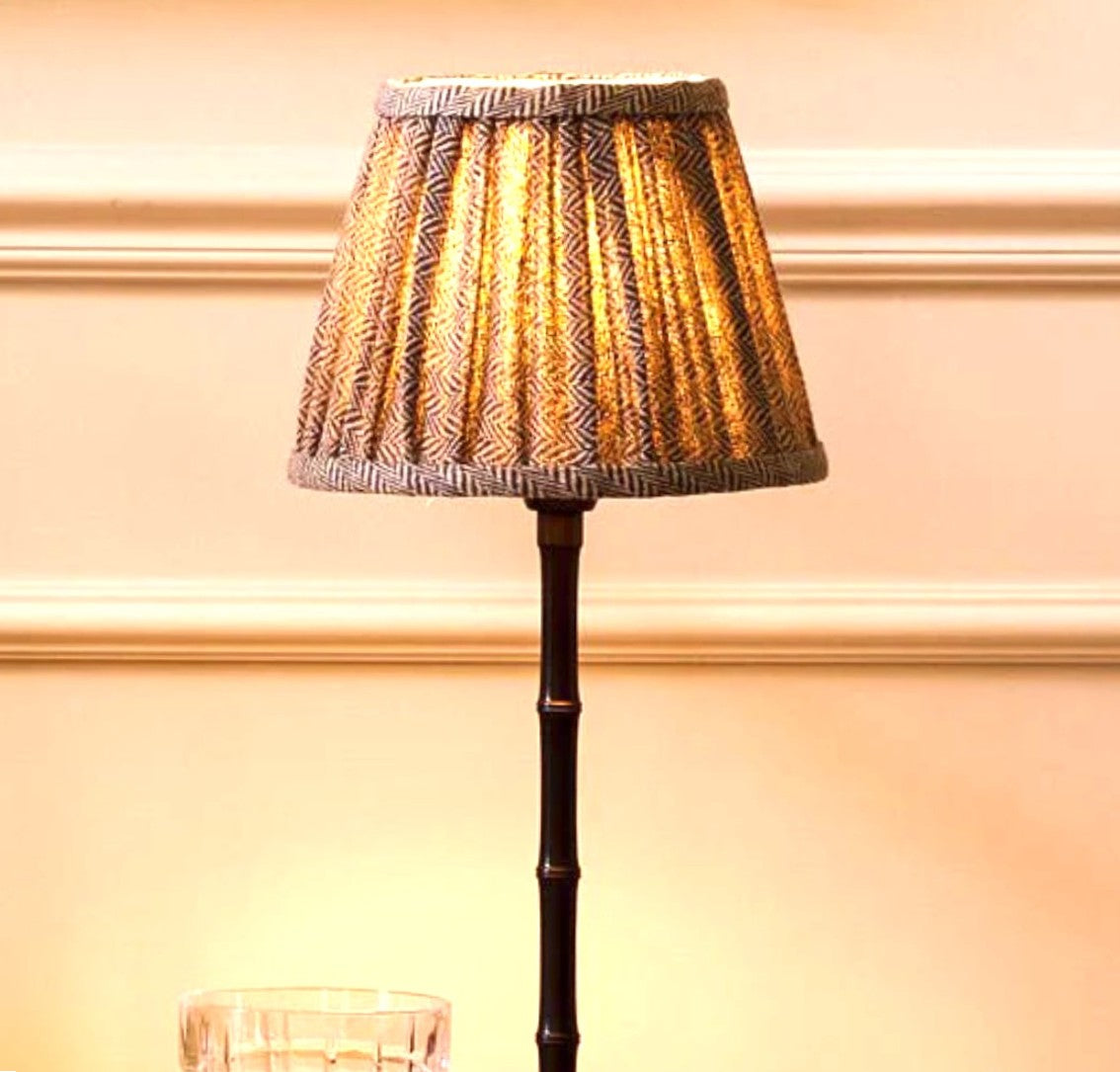 Bronze bamboo LED lamp with a beige herringbone shade, Addison Ross