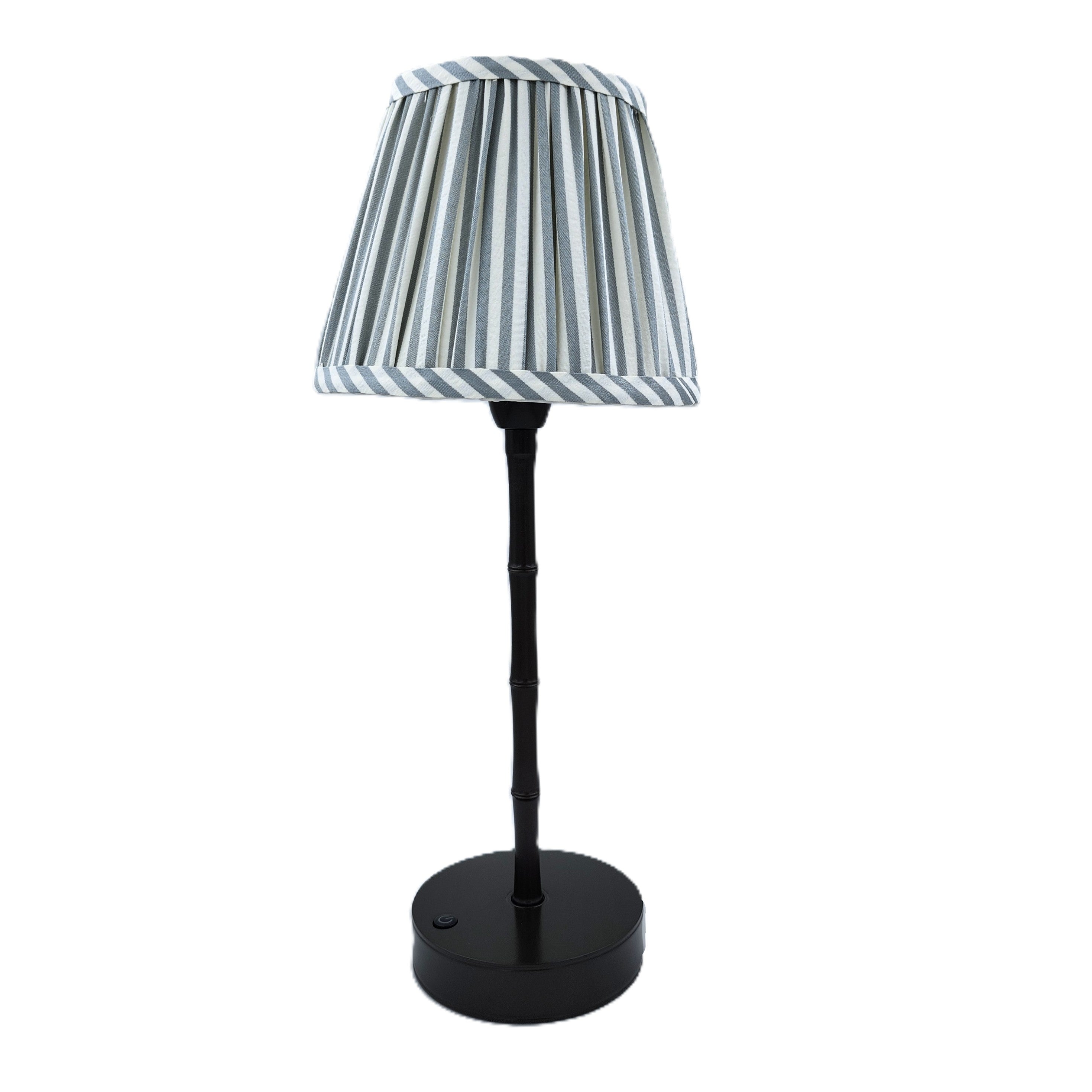 Bronze bamboo lamp with a chambray stripe shade