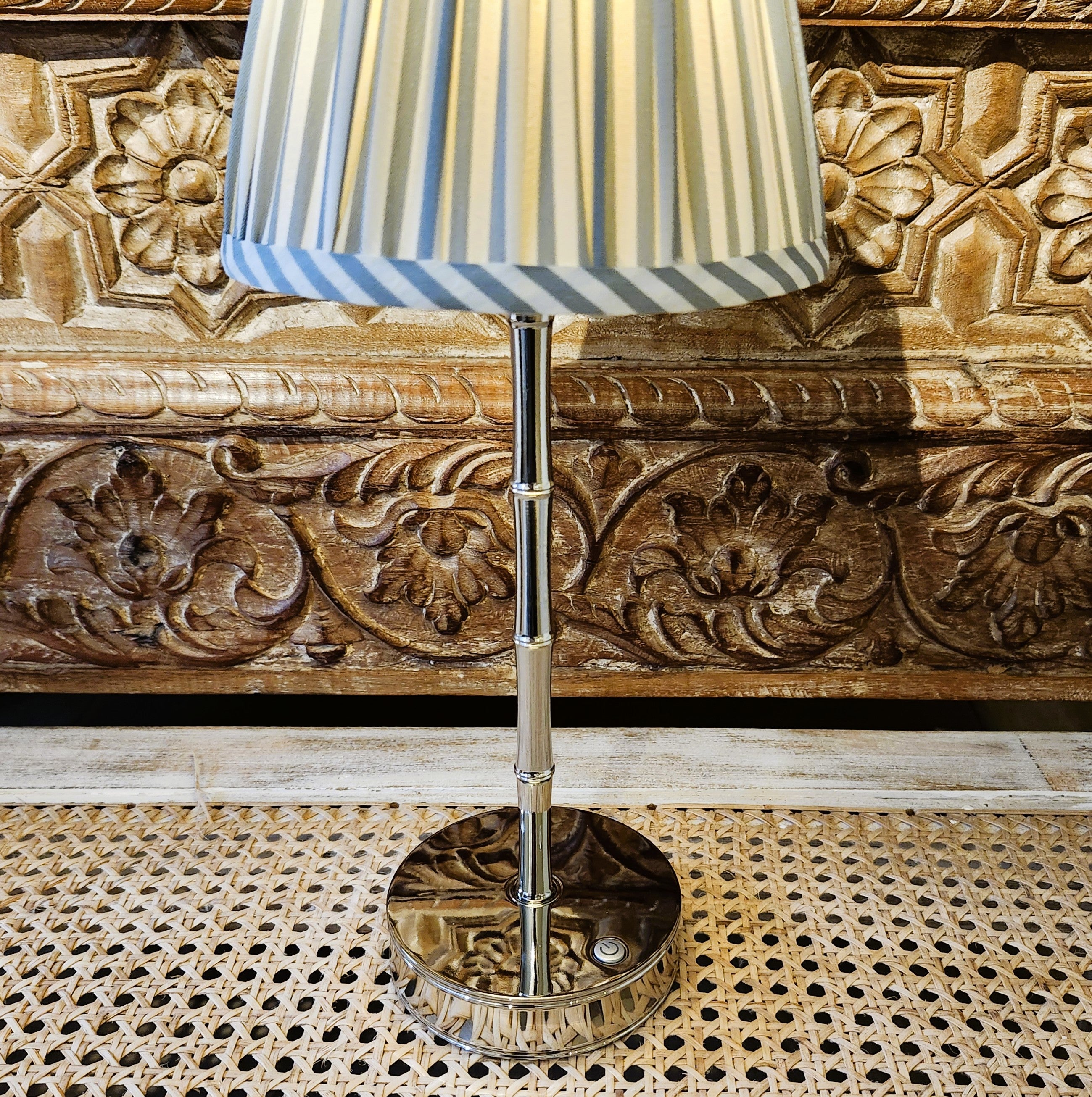 Silver bamboo lamp with a chambray stripe shade, Addison Ross