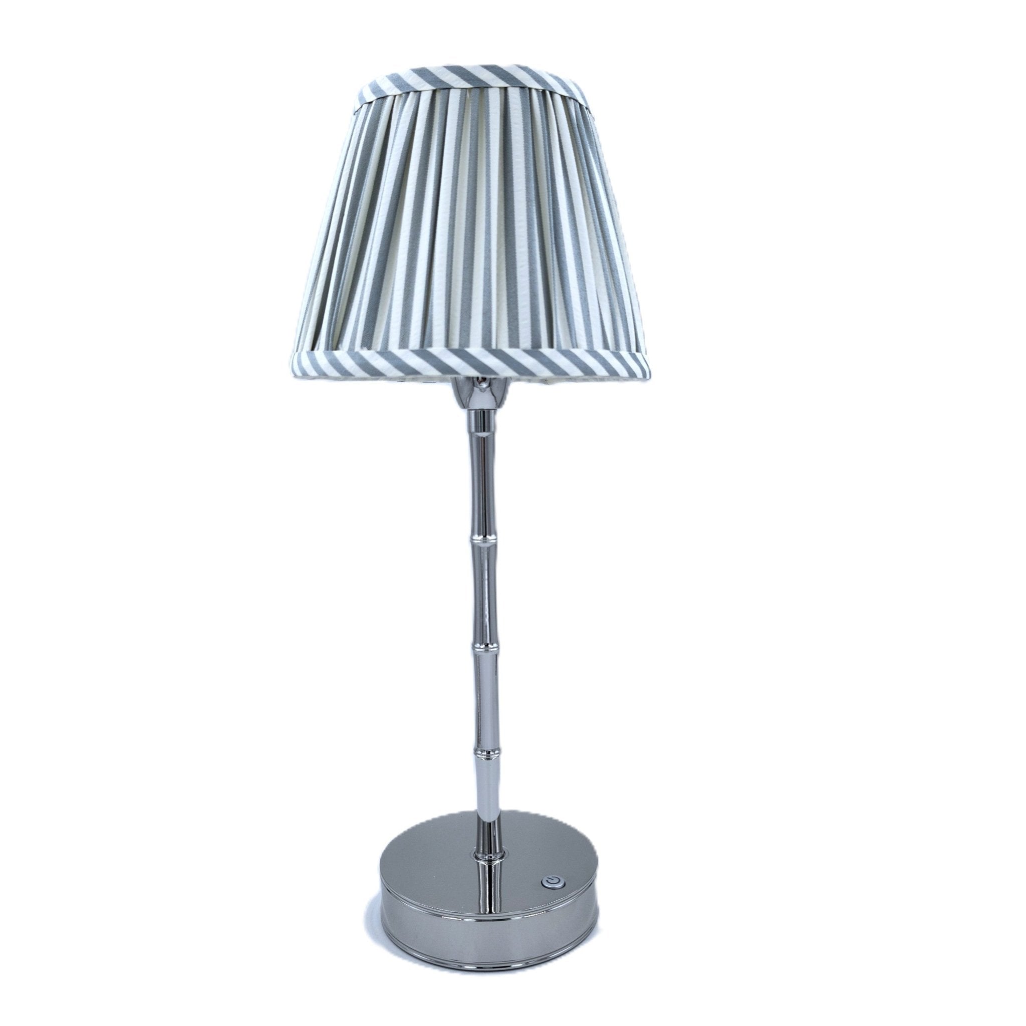 Silver bamboo lamp with a chambray stripe shade