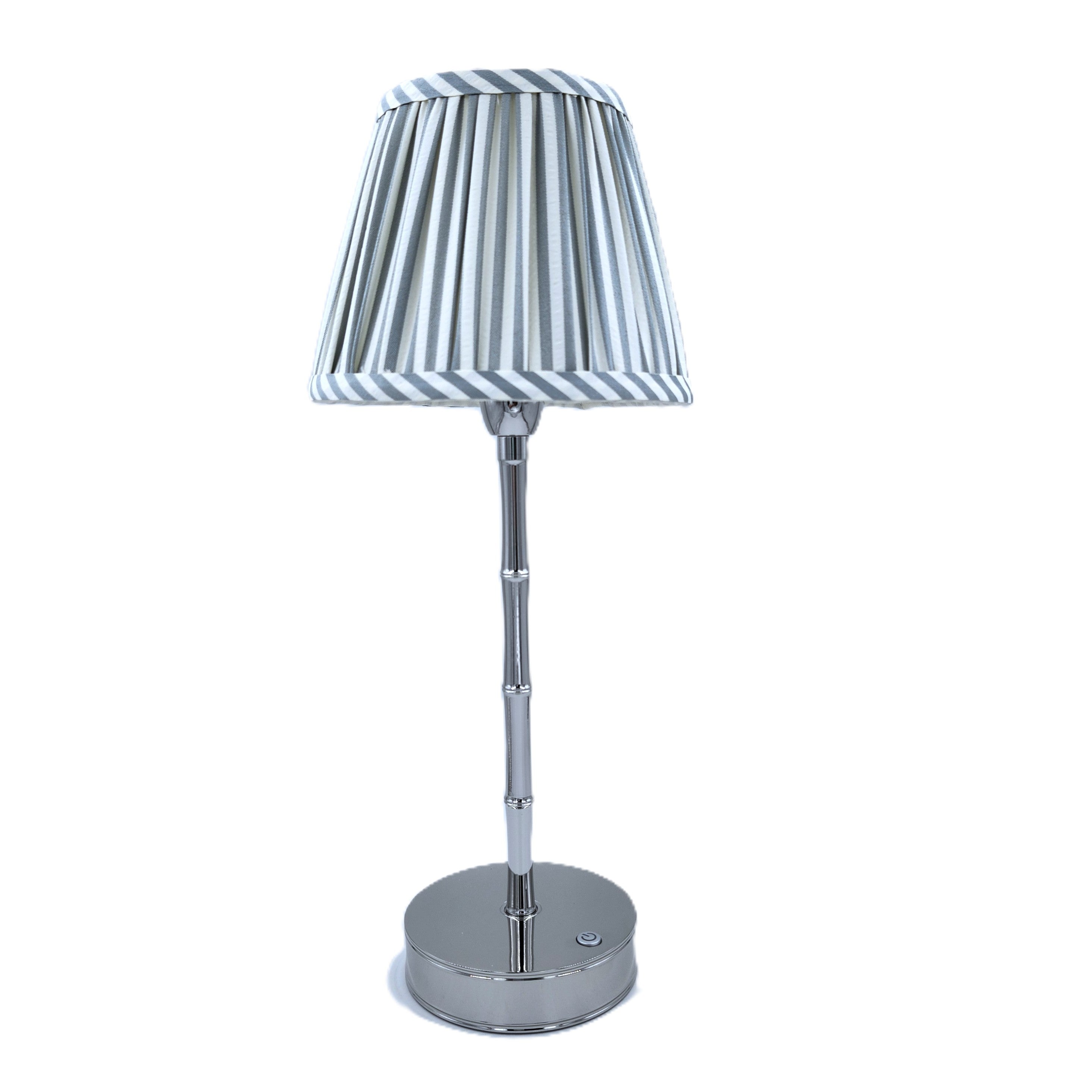Silver bamboo lamp with a chambray stripe shade