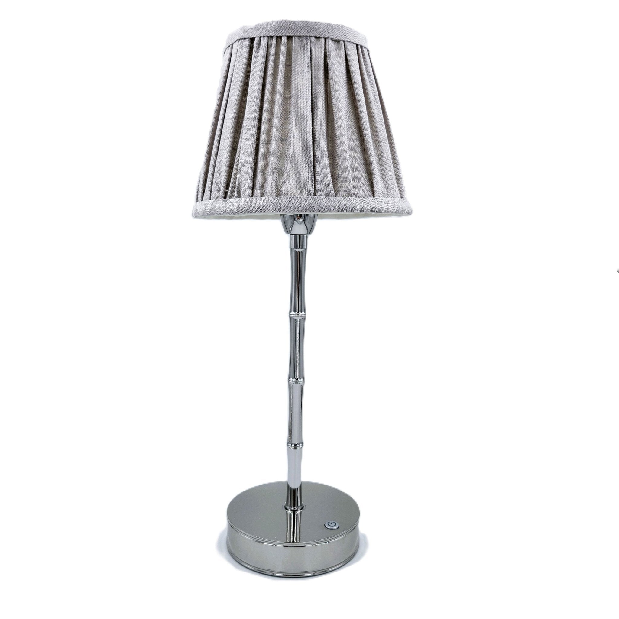 Silver bamboo lamp with a chiffon shade, cordless rechargeable