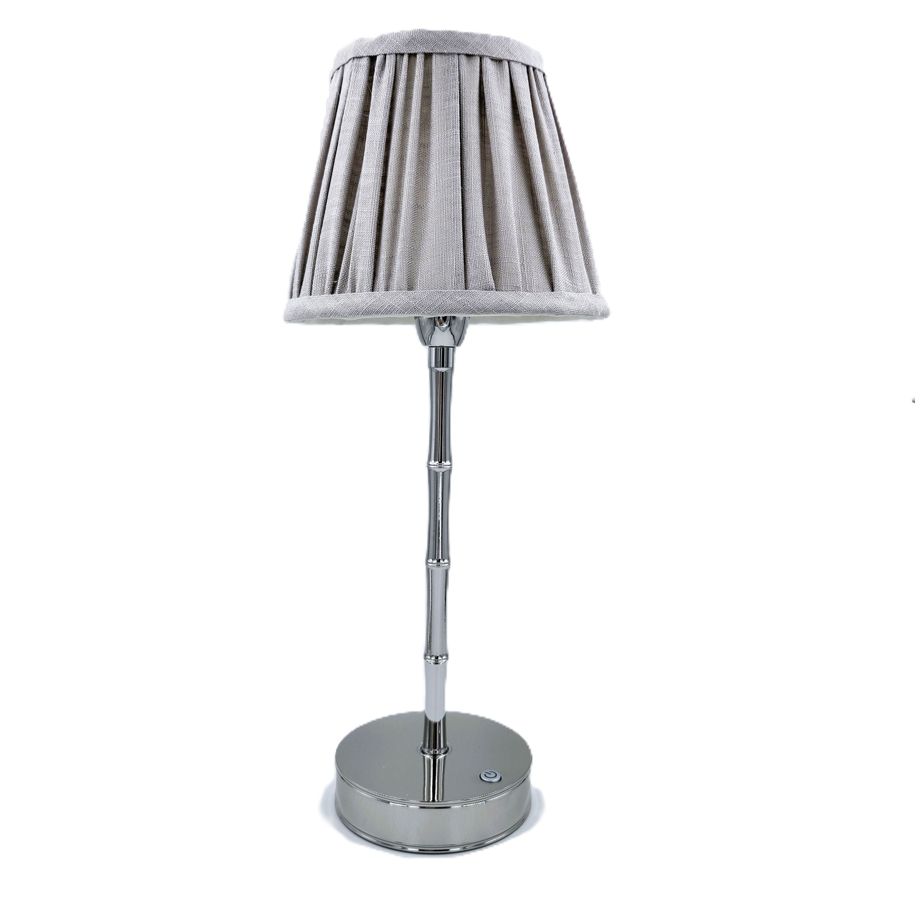 Silver bamboo lamp with a chiffon shade, cordless rechargeable