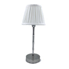 Silver rechargeable bamboo lamp base with a white shade