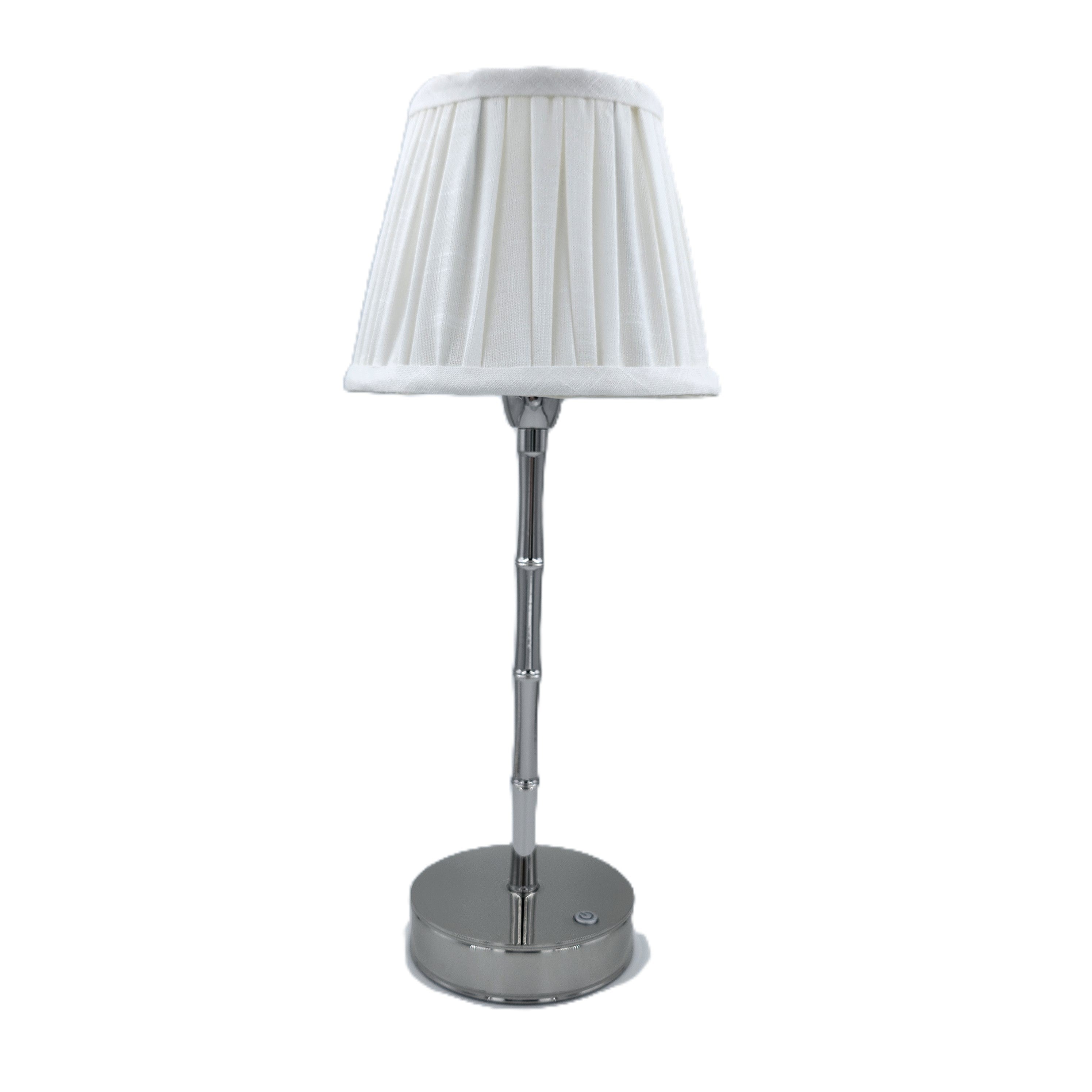 Silver rechargeable bamboo lamp base with a white shade