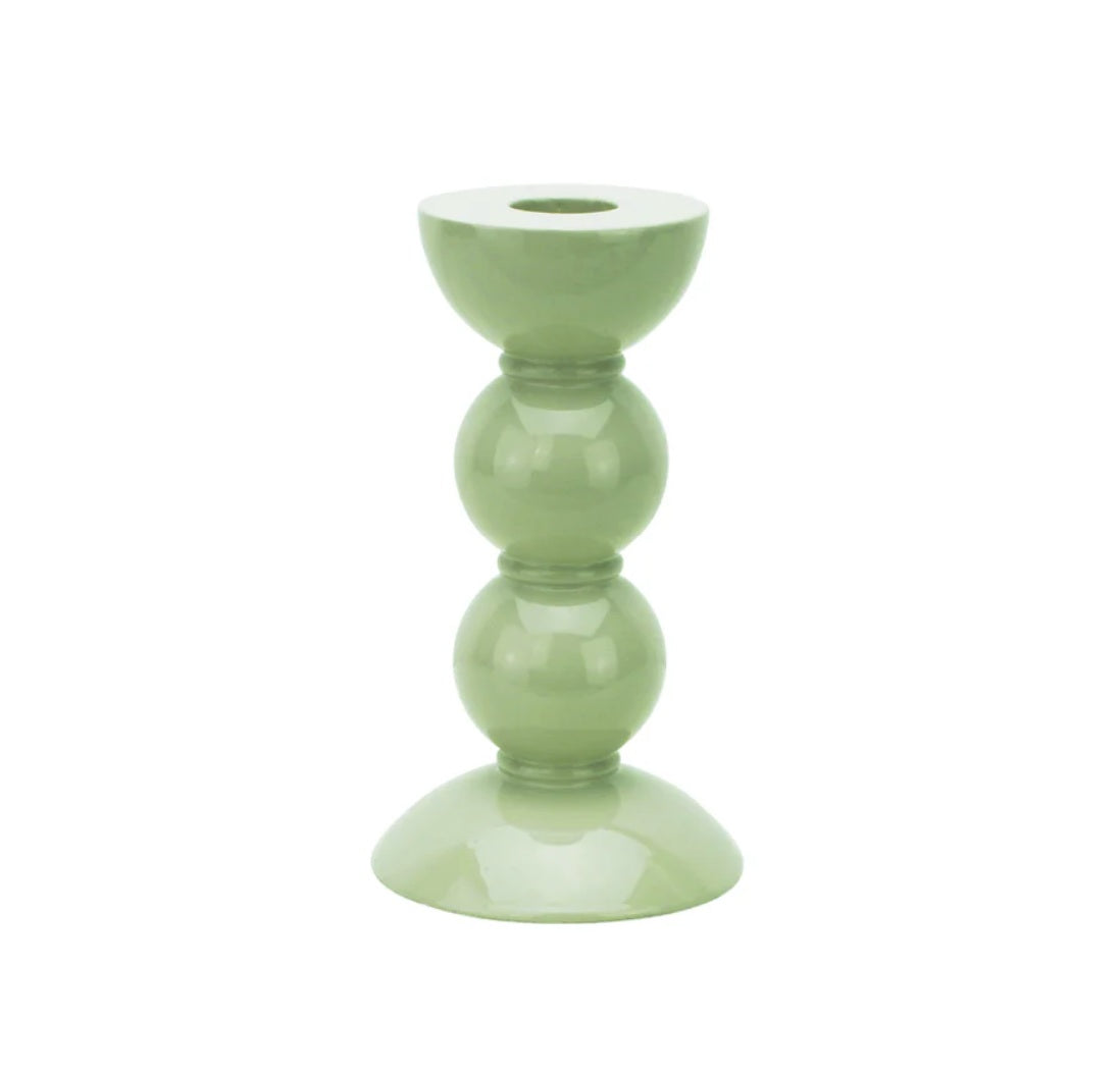 Bobbin candlestick in sage high-gloss lacquer, 14 cm