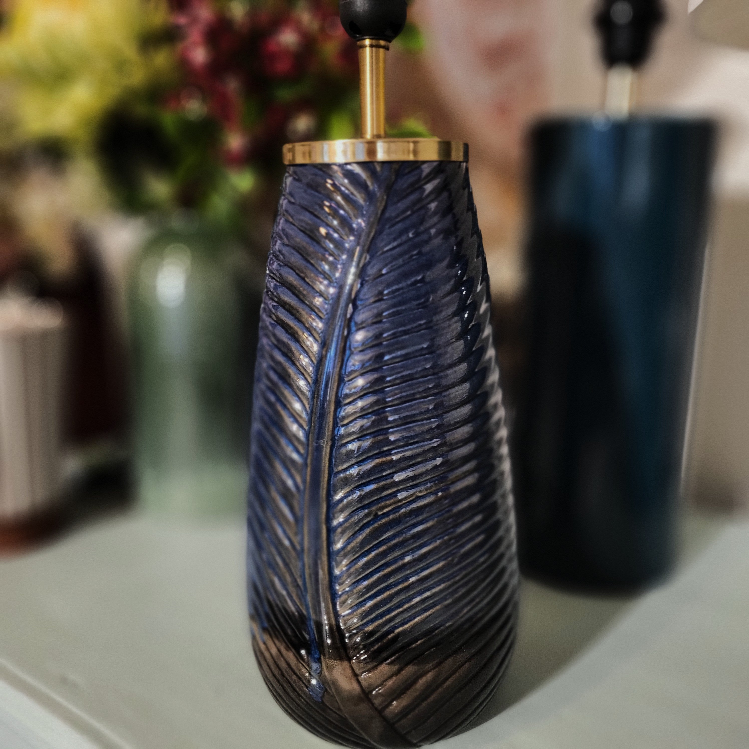 Annam ceramic lamp with a leaf design glazed in blue, handmade in Vietnam