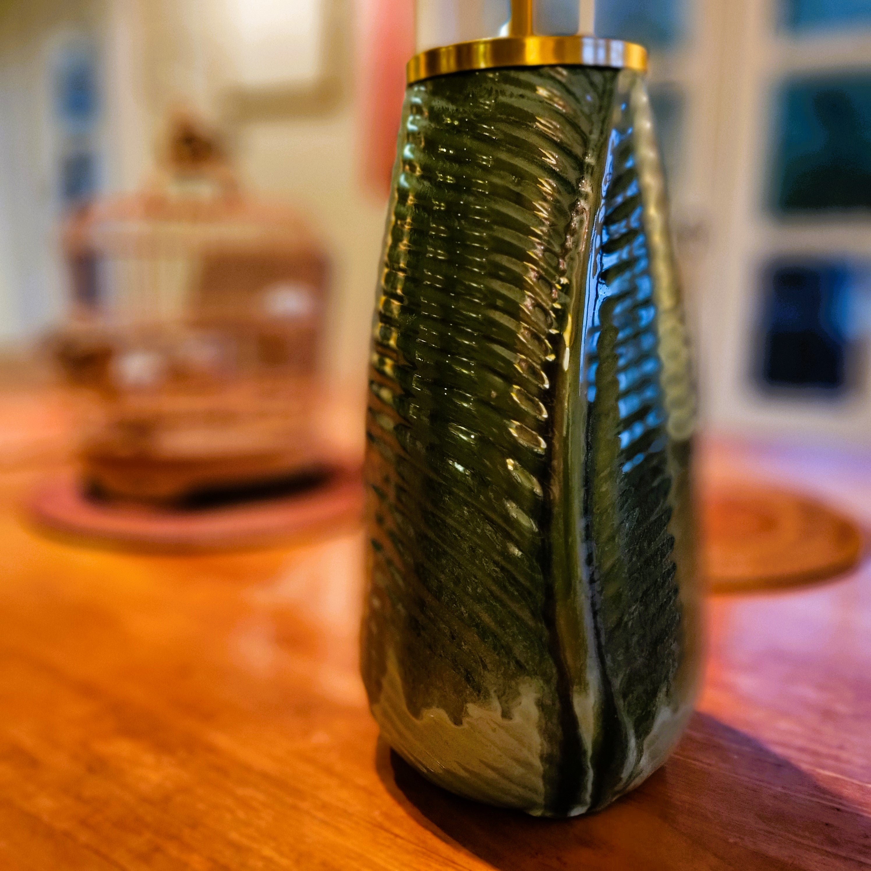 Annam ceramic lamp with a leaf design glazed in green, handmade in Vietnam