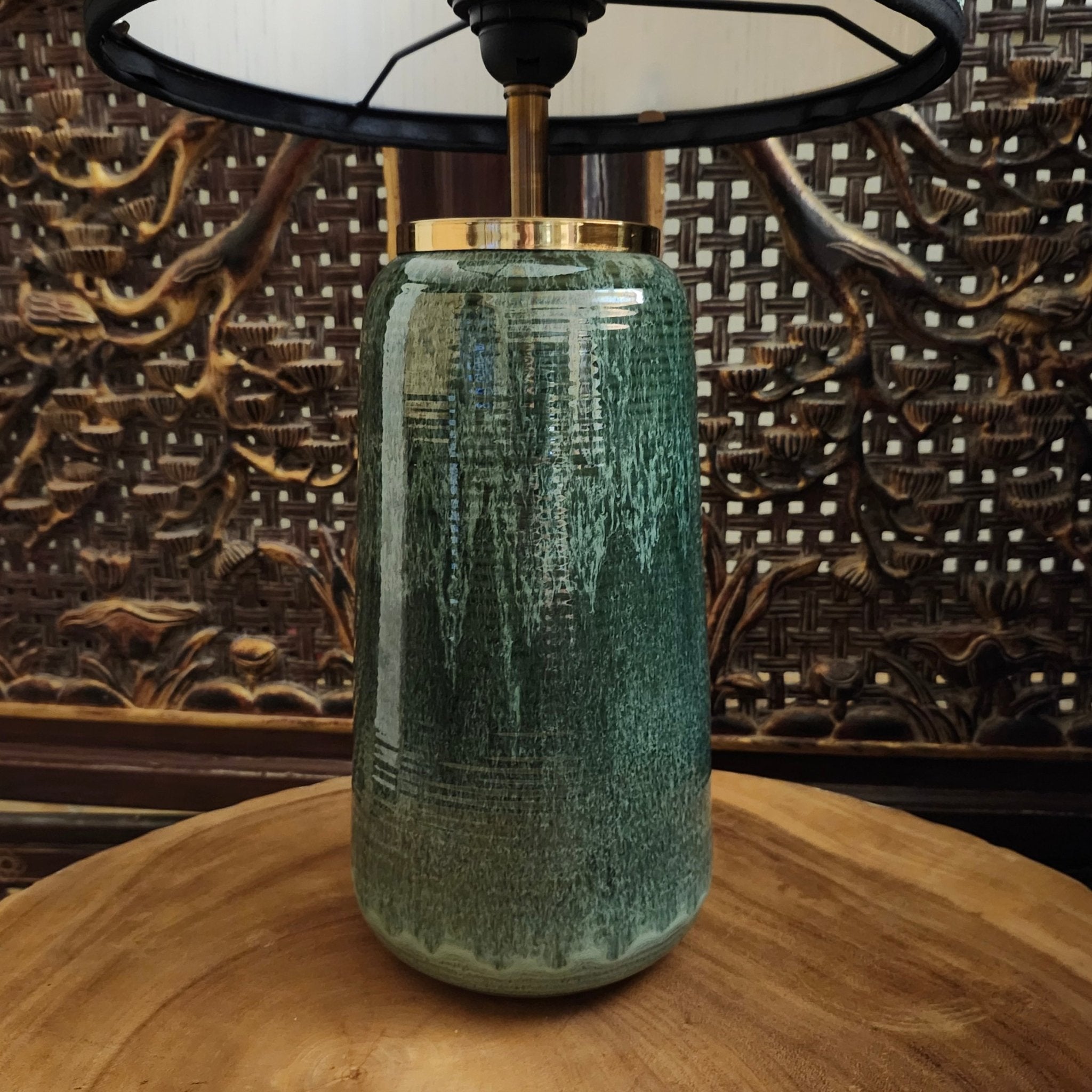 Jade green Annam ceramic lamp with a jute-covered cord and brass fittings