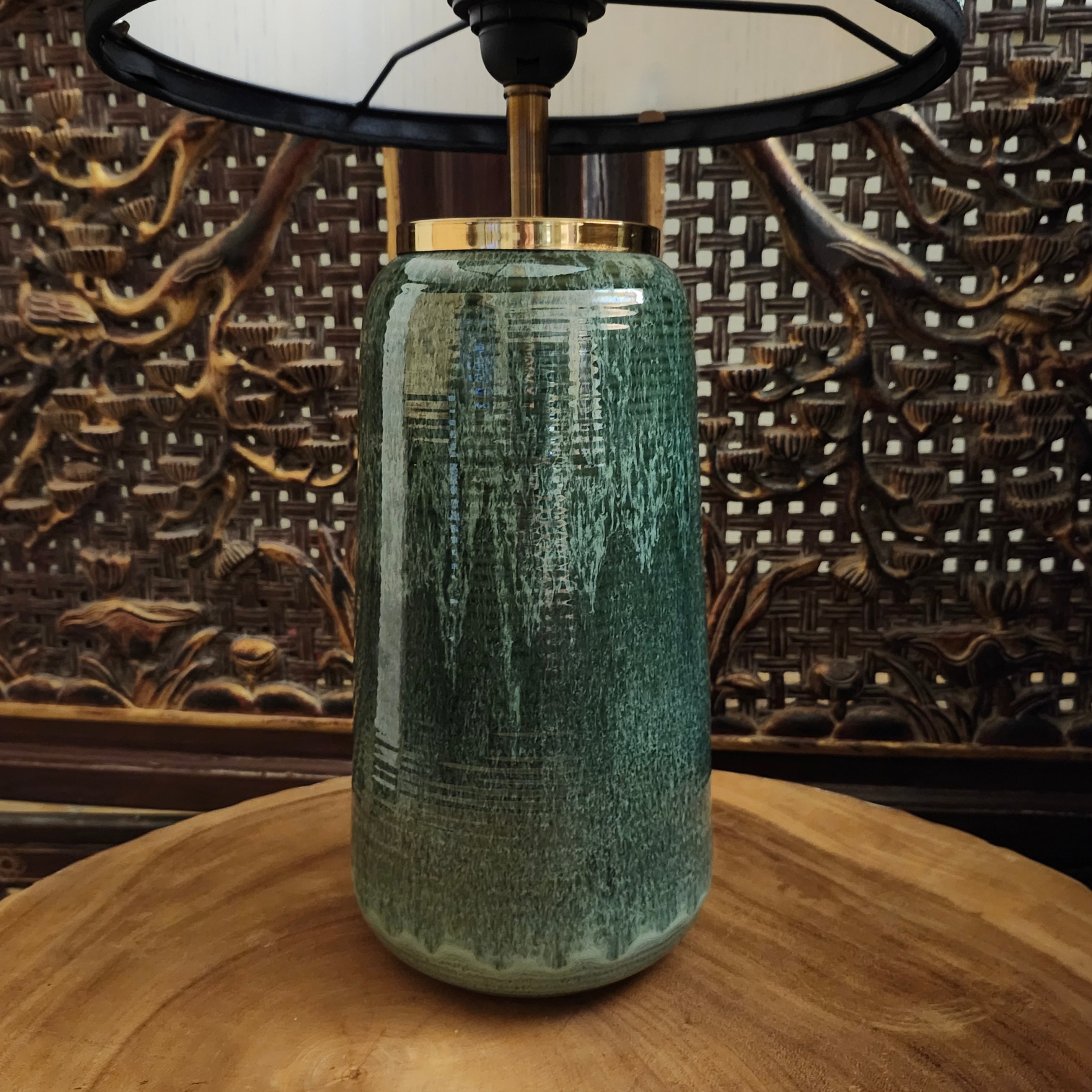 Jade green Annam ceramic lamp with a jute-covered cord and brass fittings