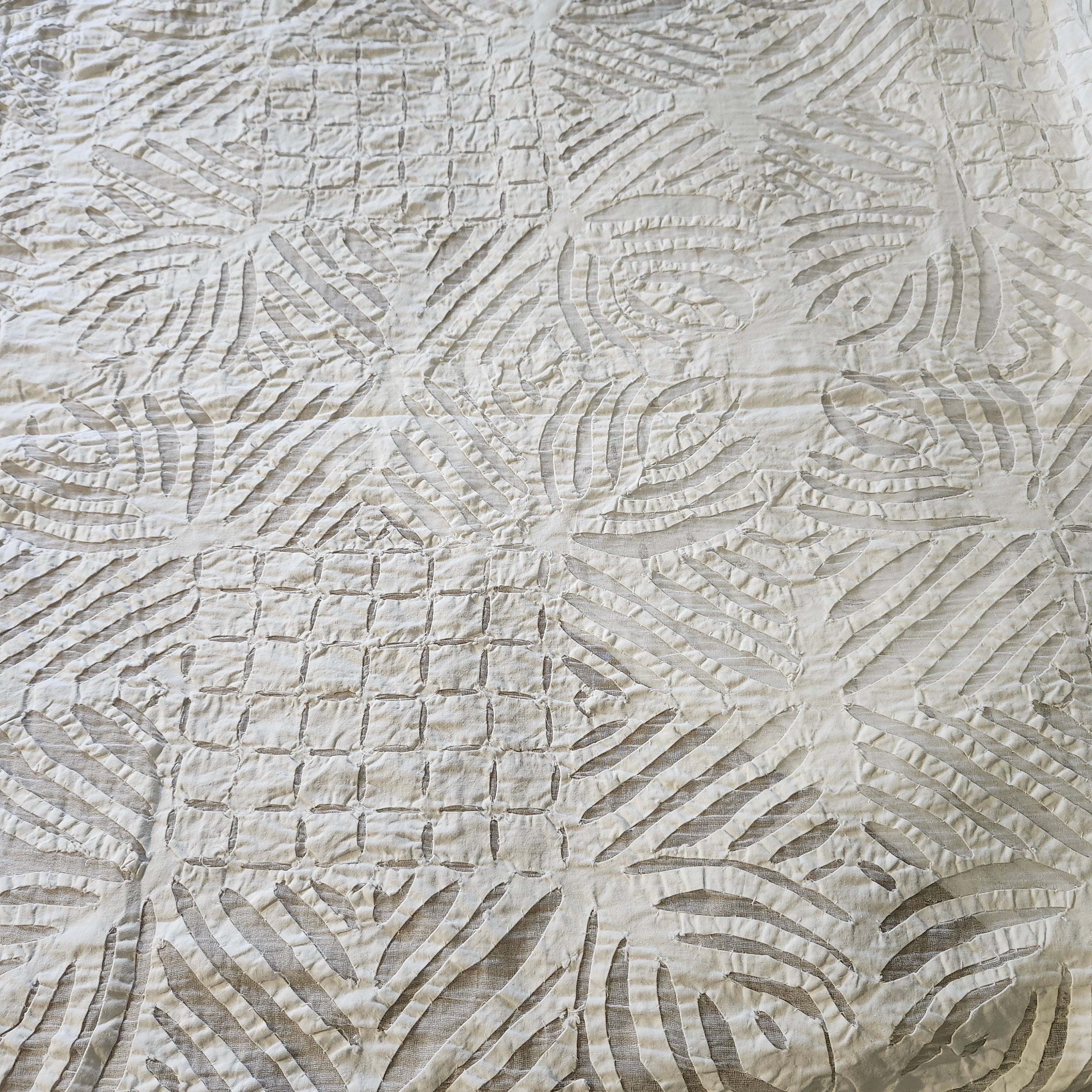 Organza applique white cotton bedspread, queen, detail