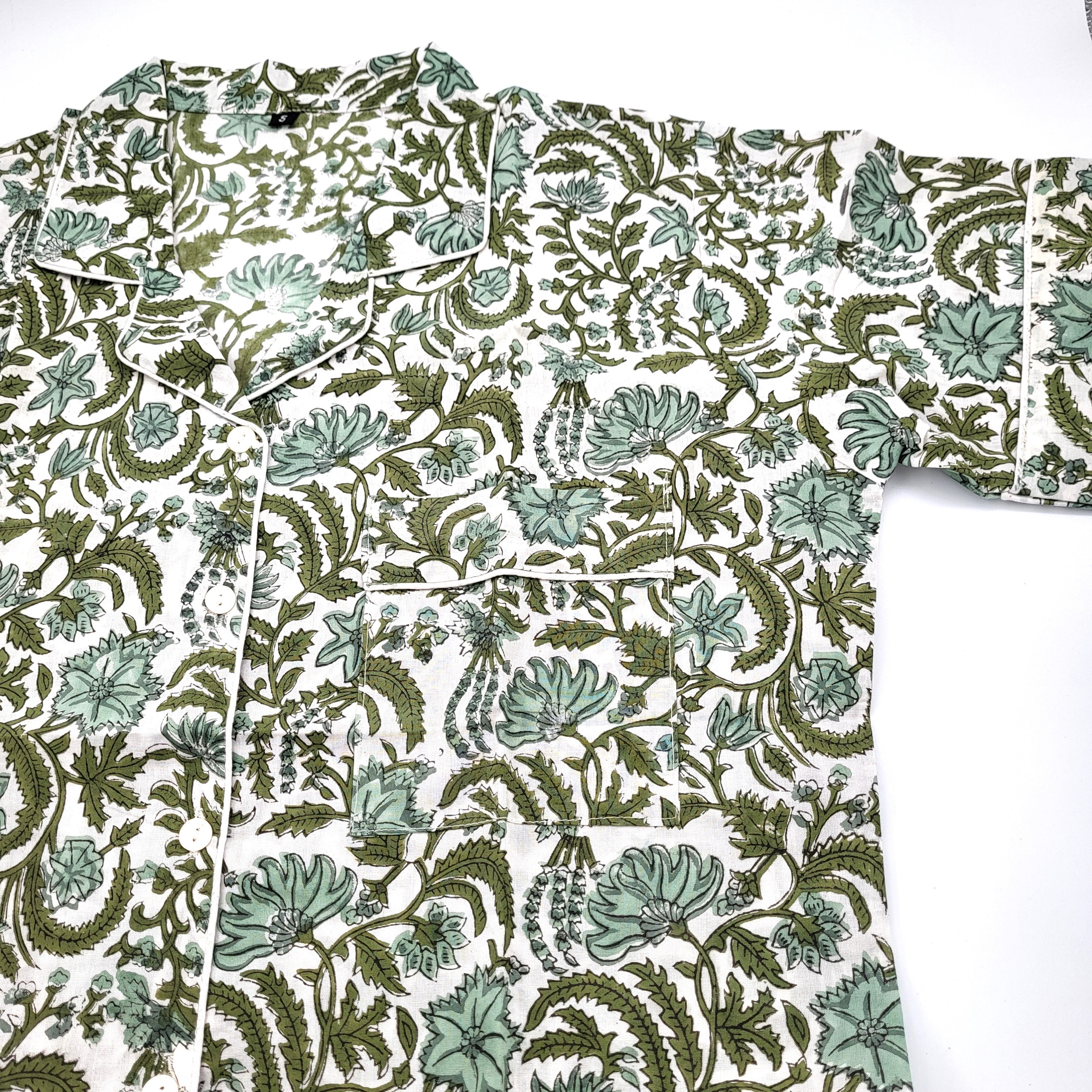 Eloise floral block-print cotton pyjamas in teal and sage on white
