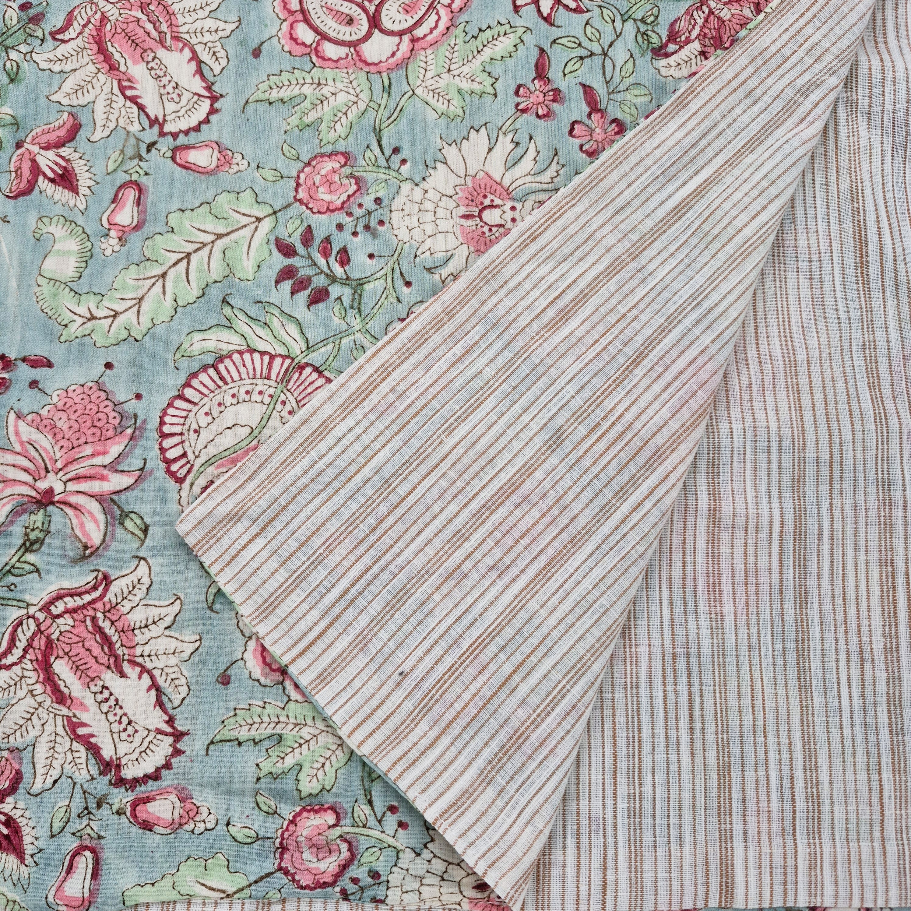 Hibiscus block print runner with striped cream & beige reverse