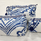 Ikat block-print wash bag in blue and white