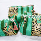 Tiger block-print wash bag in emerald