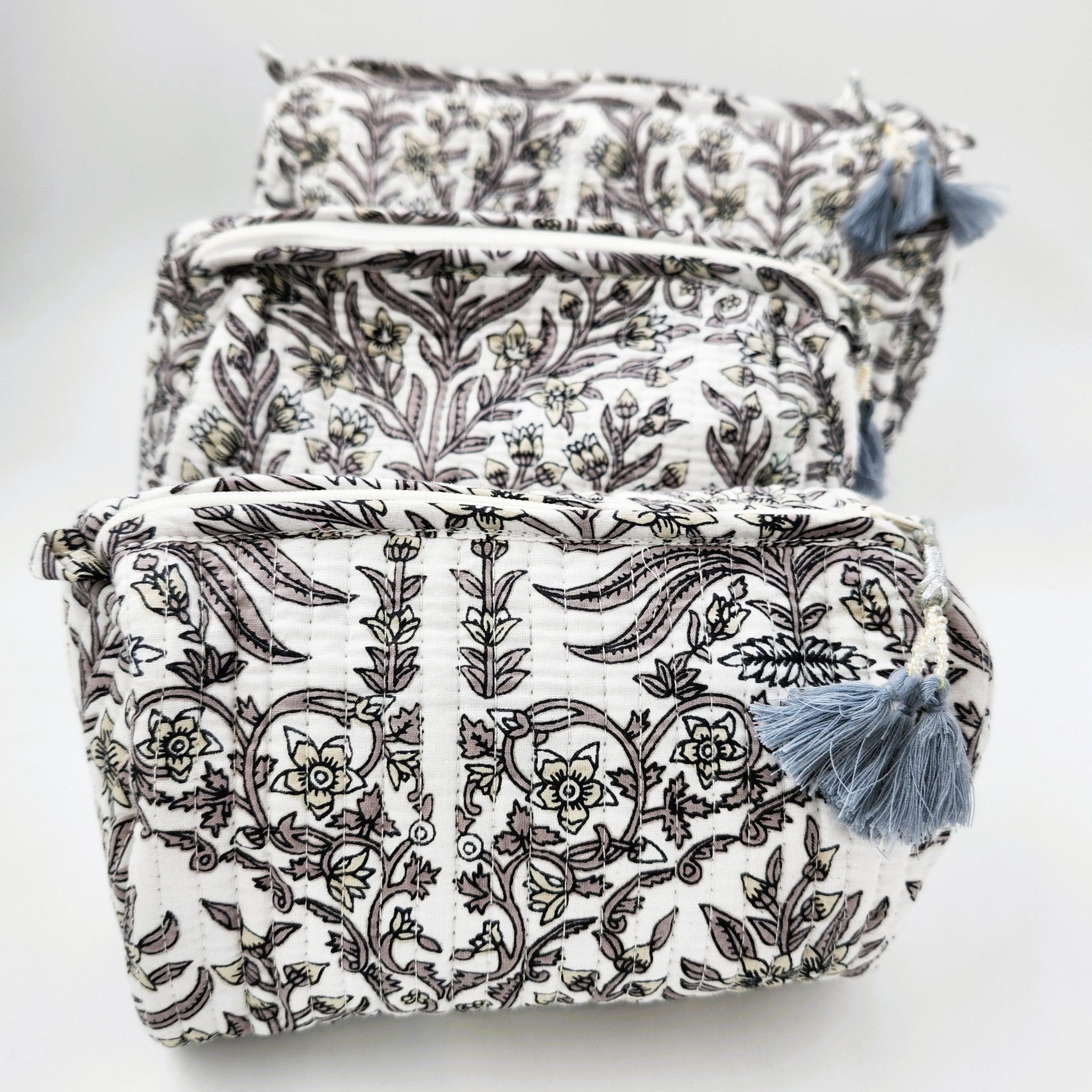Floral grey and white block-print wash bag