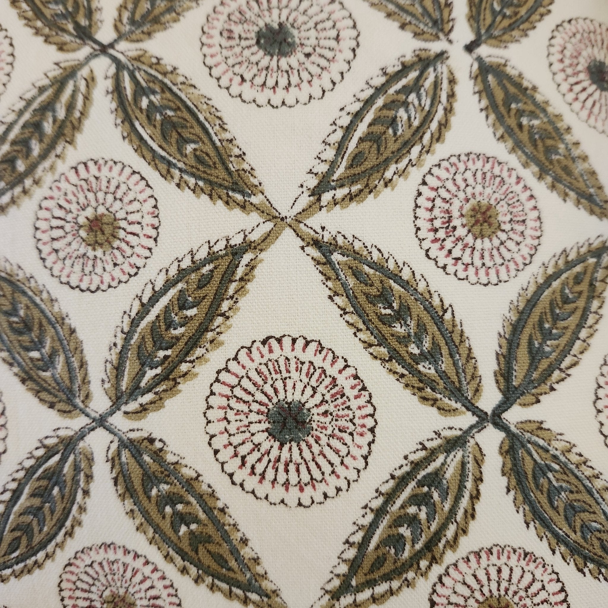 Block-print carnation and trellis cushion cover, cotton canvas