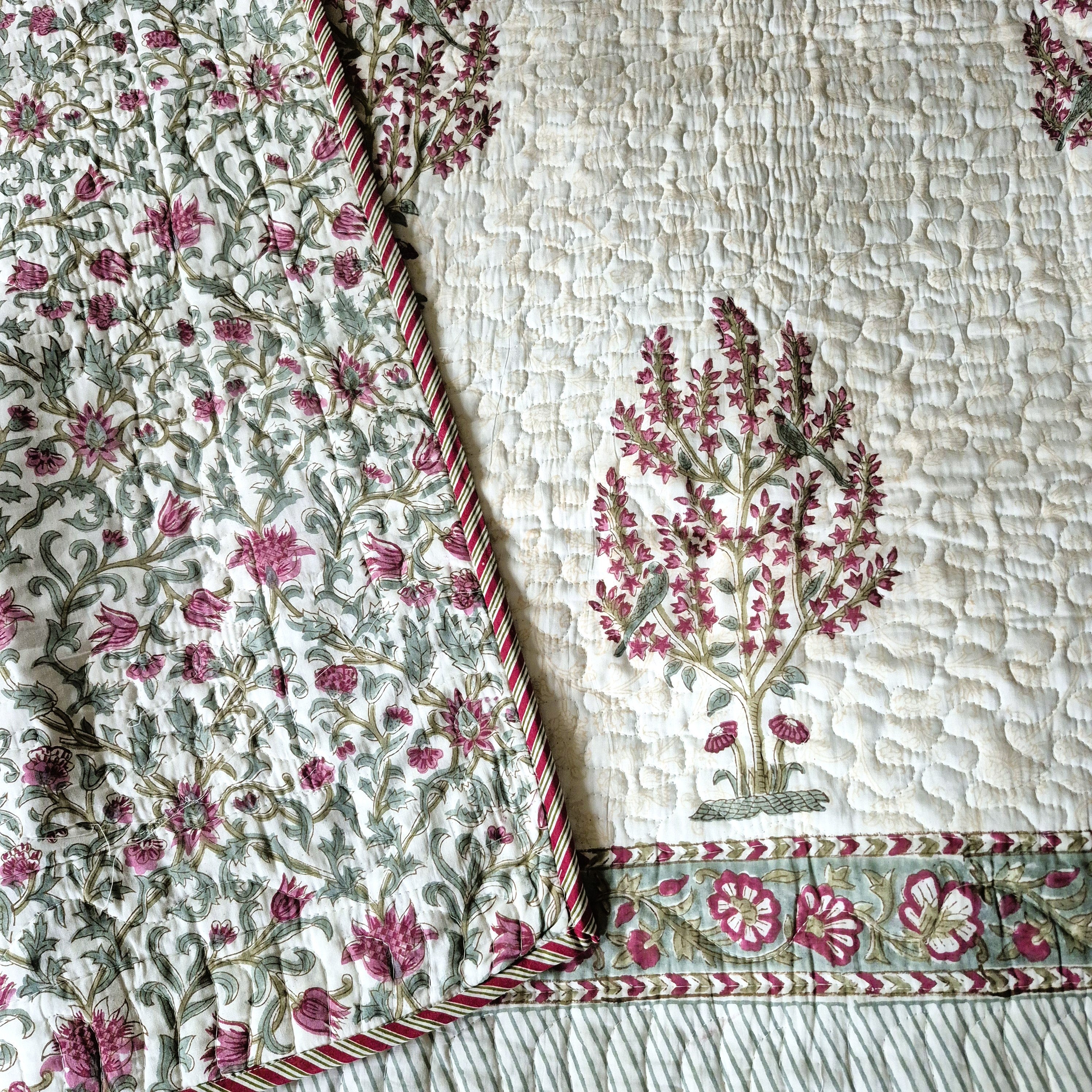 Block Print Bedspread with pillowcases, Small Flower print 
