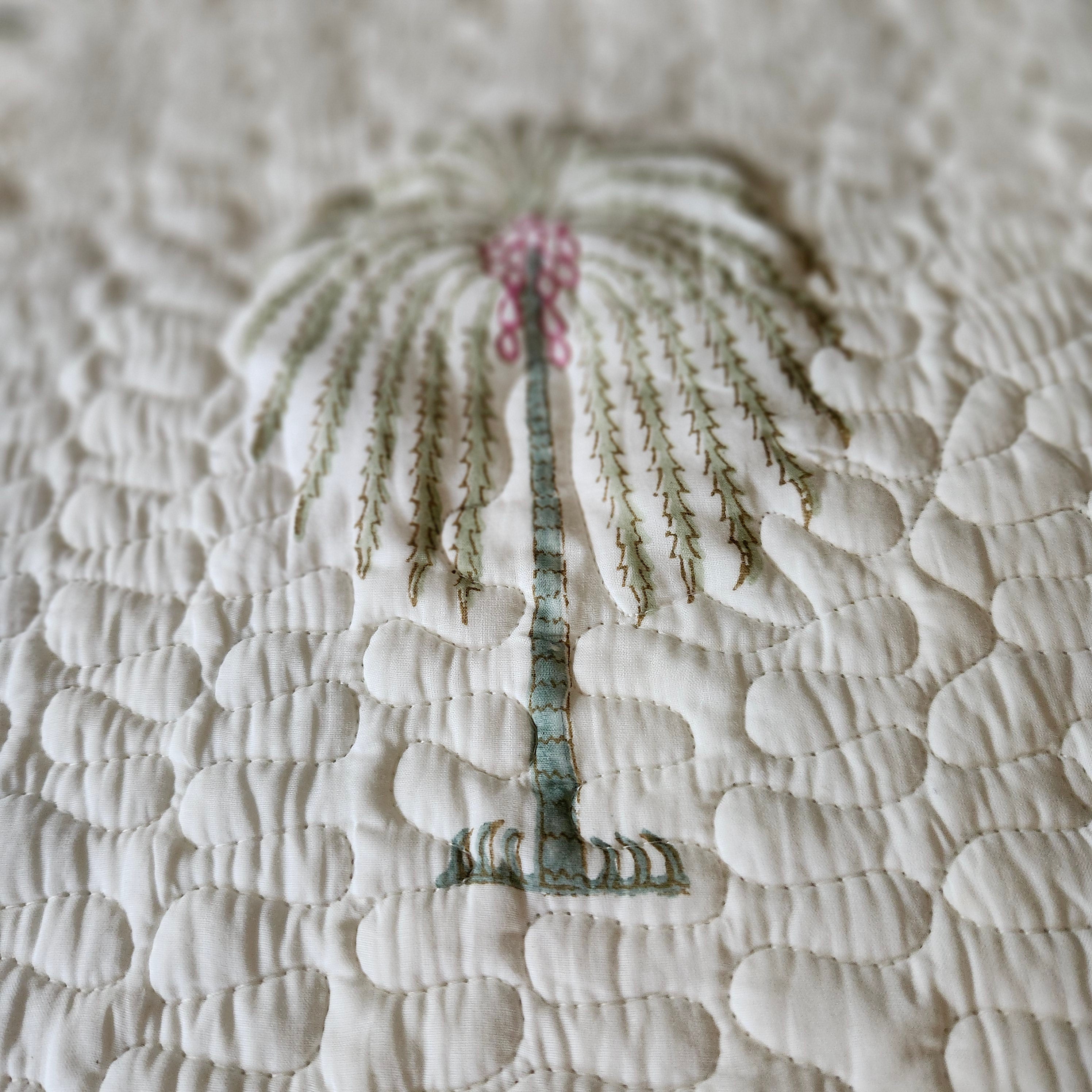 Palm and flower block-print quilted bedspread, cotton