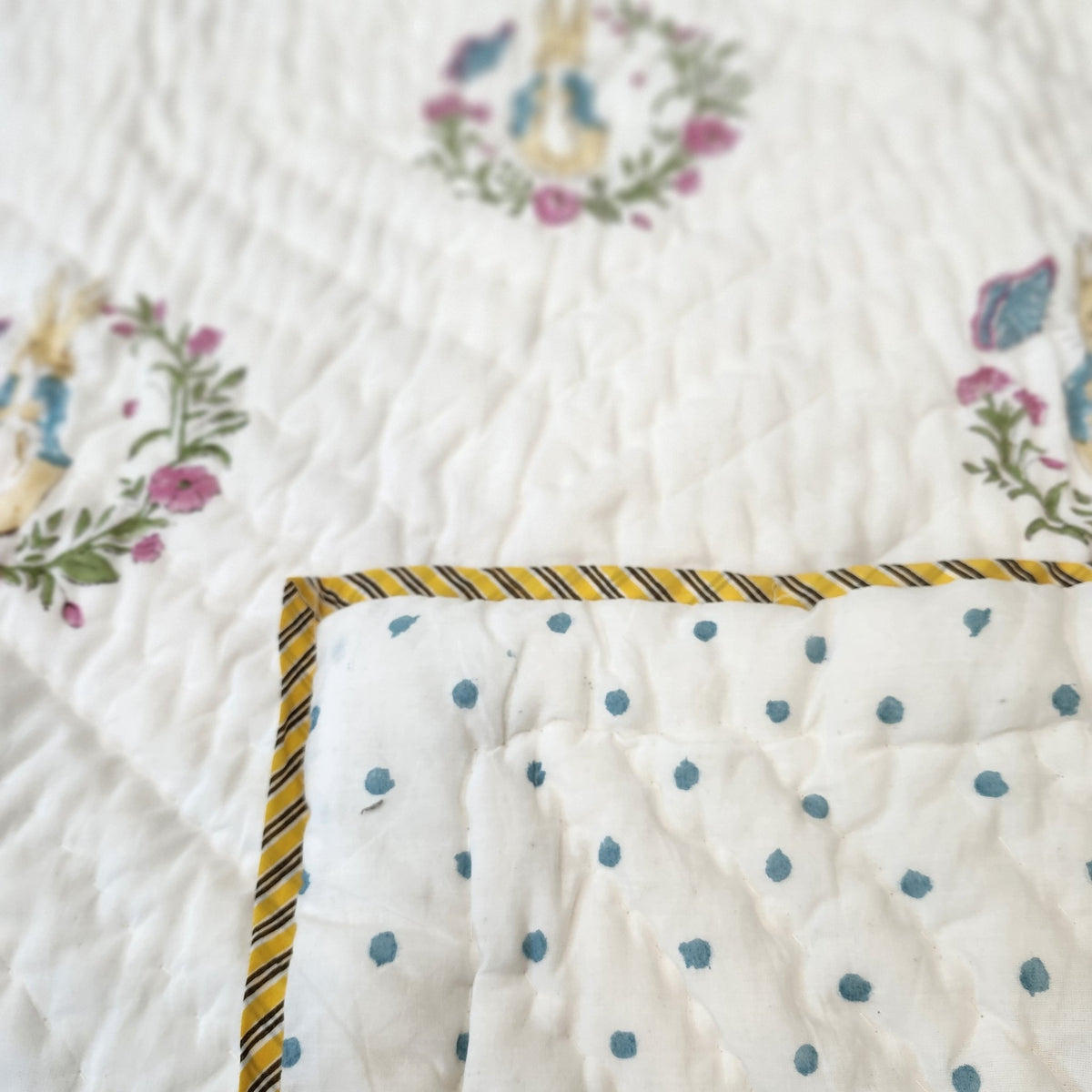 Peter Rabbit child's quilt, reverse side with blue polka dots on white, 102 x 152 cm