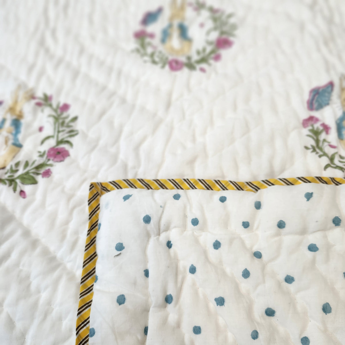 Peter Rabbit child's quilt, reverse side with blue polka dots on white, 102 x 152 cm