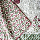 Block Print Bedspread with flowers in cream, green & pink, reversible, King size