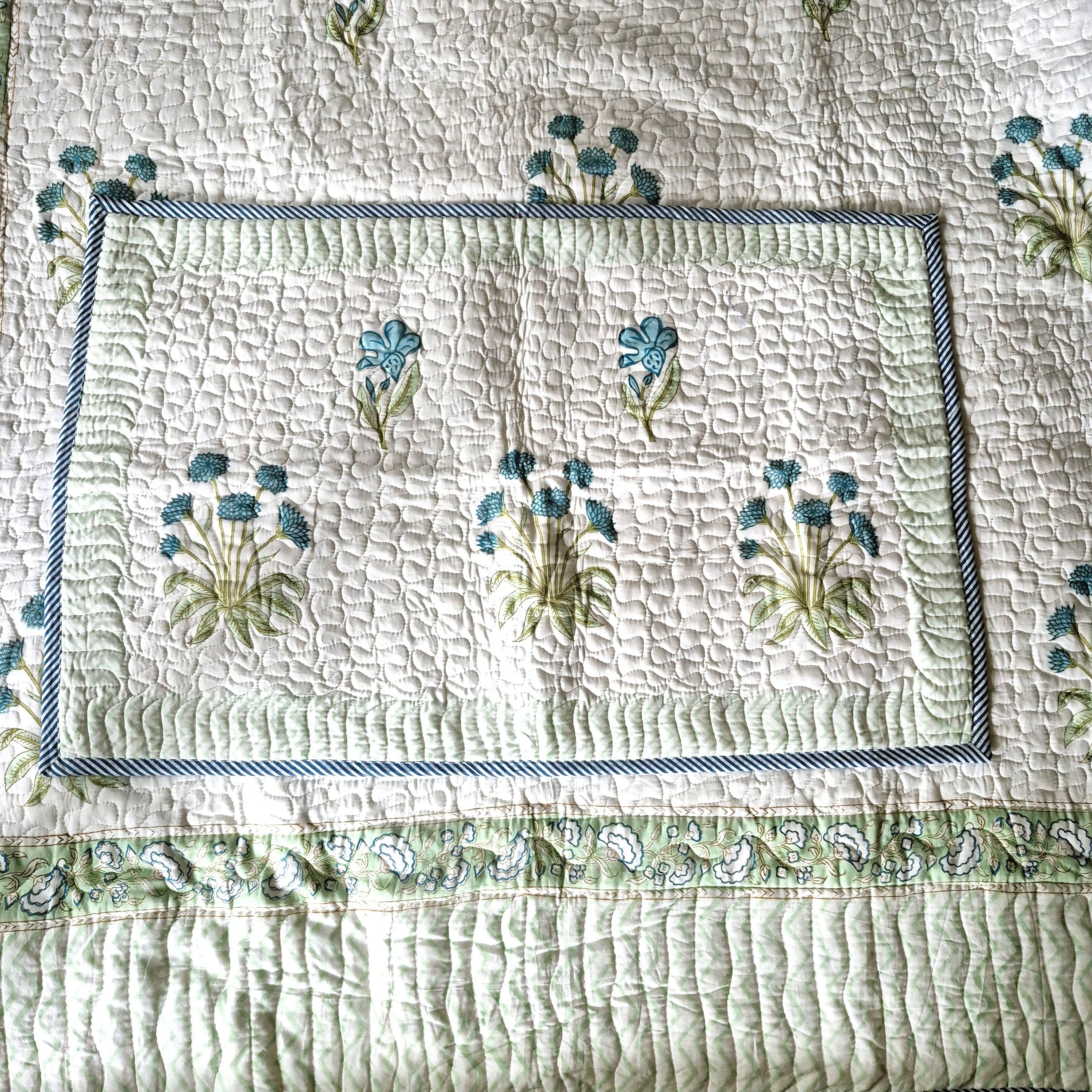 Close up of Pillowcases, Block Print, Blue Floral Print