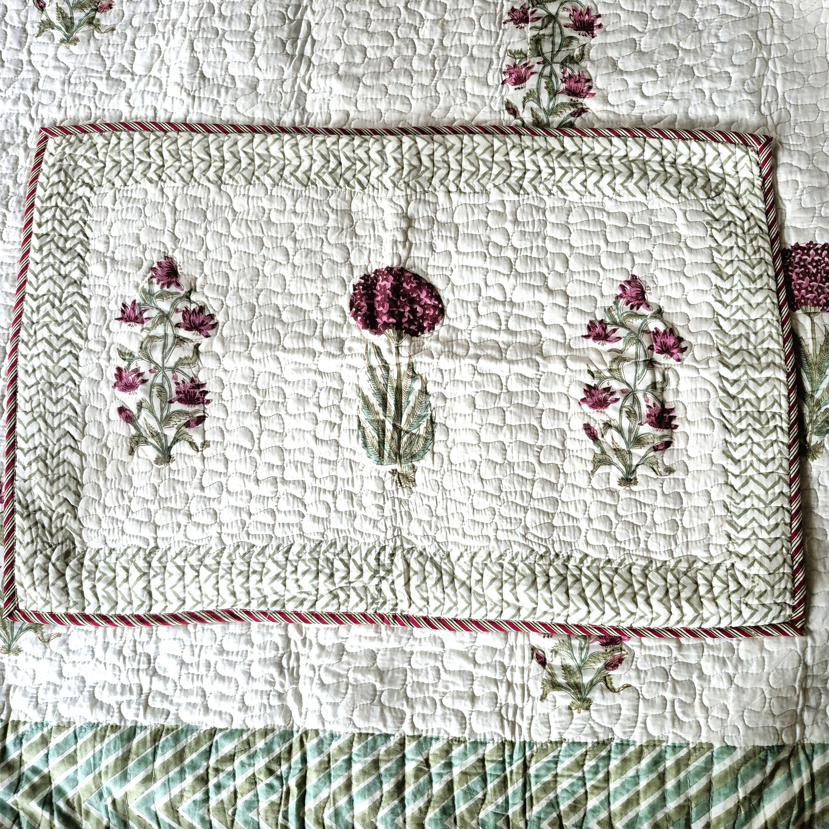 Block Print Bedspread with Pillowcases, King Size, Cream, Green & Pink
