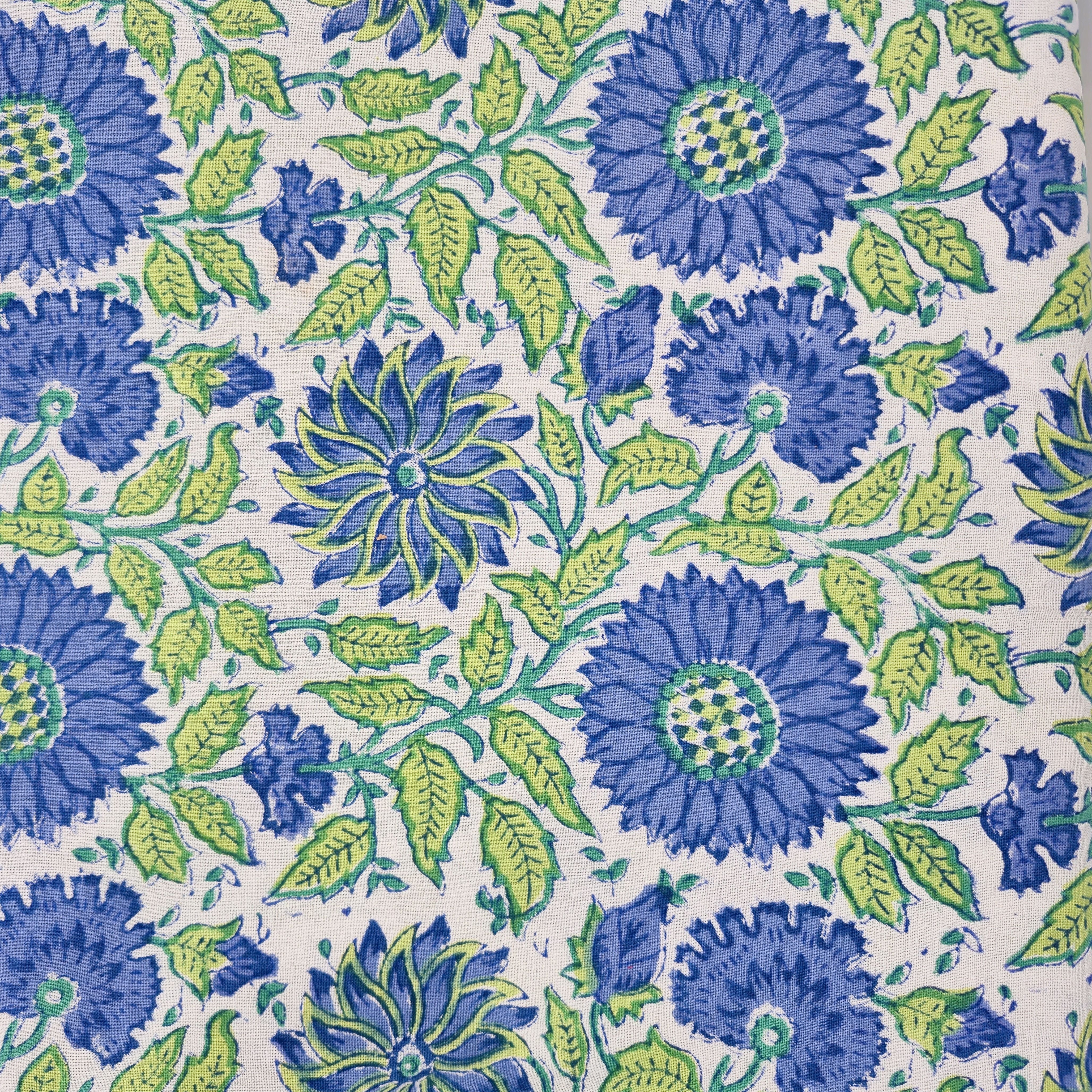 Sunflower block-print cotton bed cover in blue, lime and turquoise