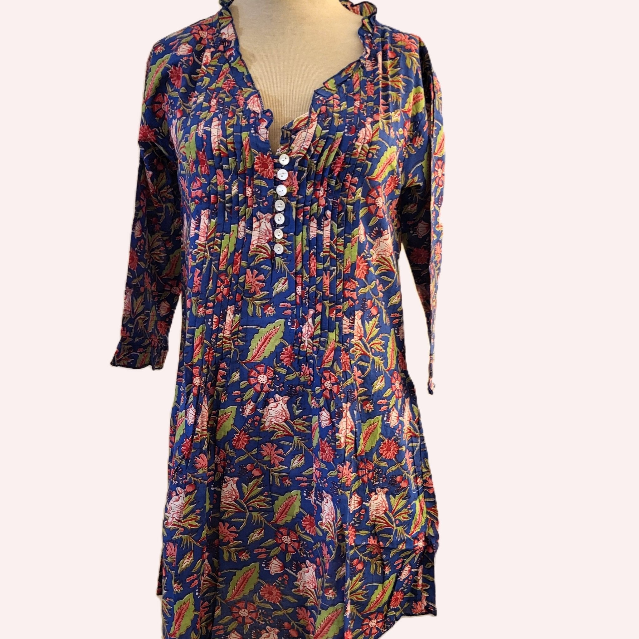 Block-print pleated cotton dress, assorted colours