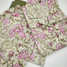 Bauhinia floral block-print short pyjamas, pink flowers on pale green