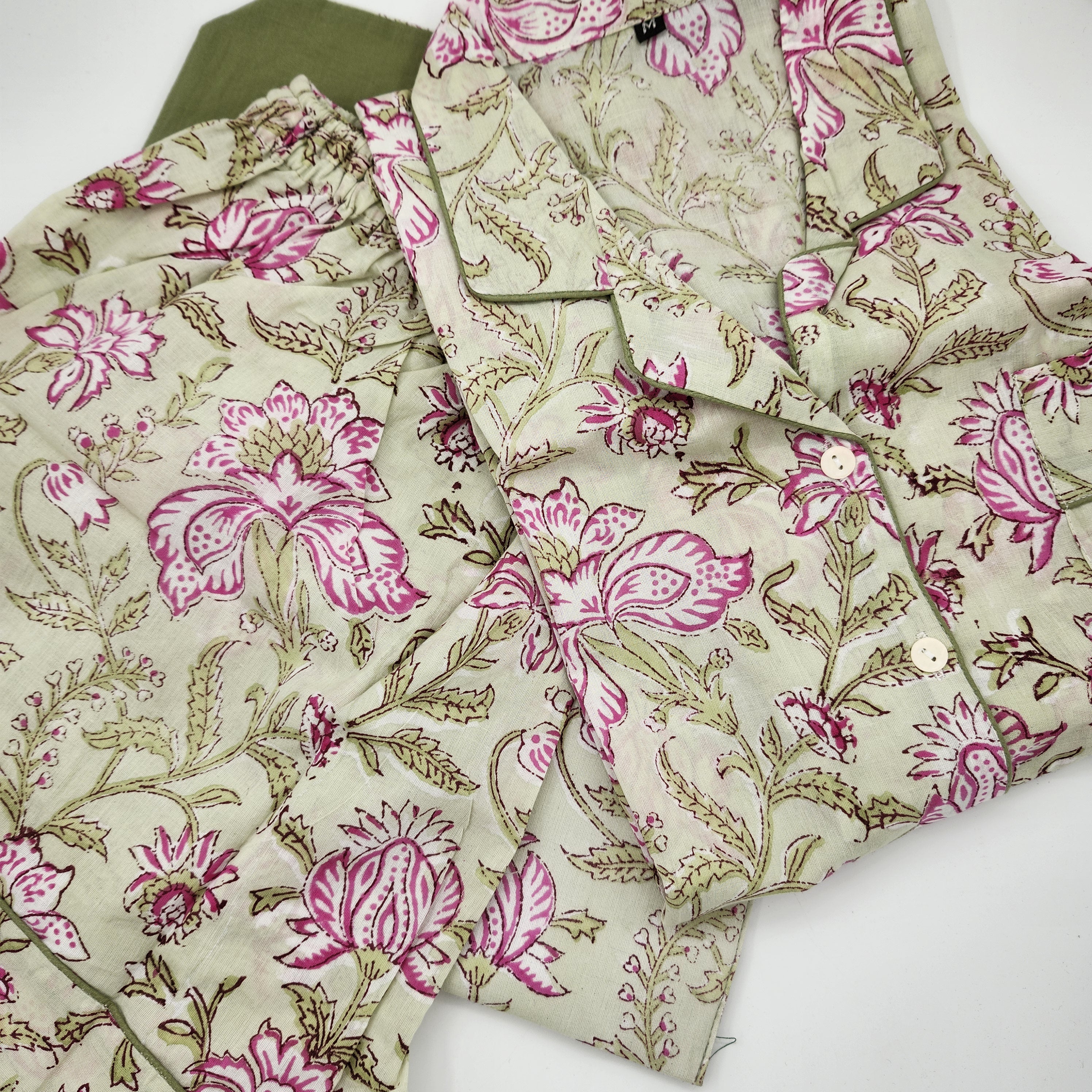Bauhinia floral block-print short pyjamas, pink flowers on pale green