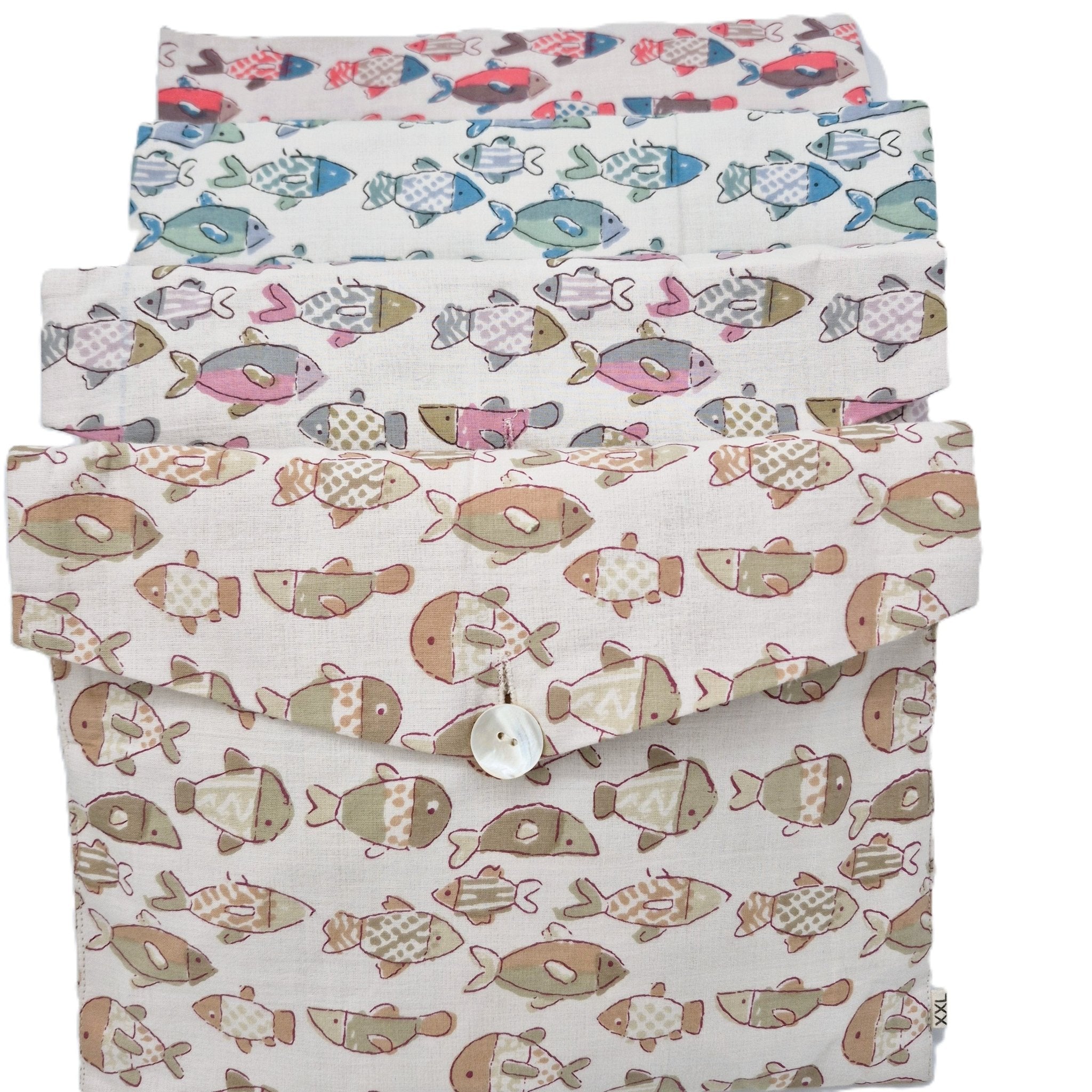 Block-print fish design on kids' cotton pyjamas