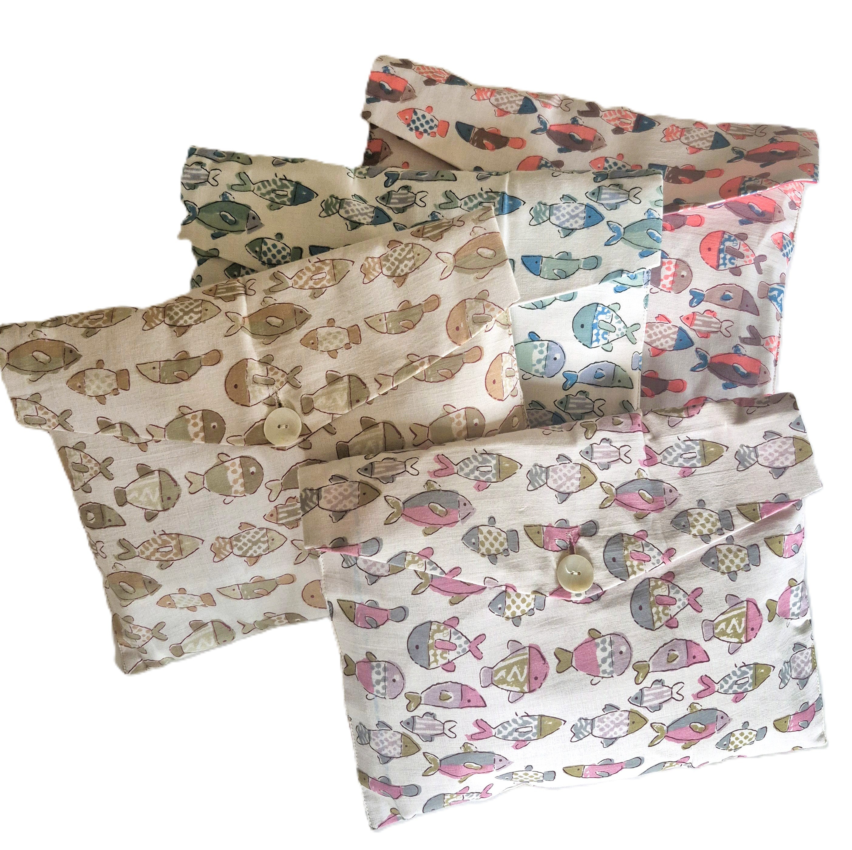 Kids' fish-print cotton pyjamas in taupe, blue, coral and pale purple