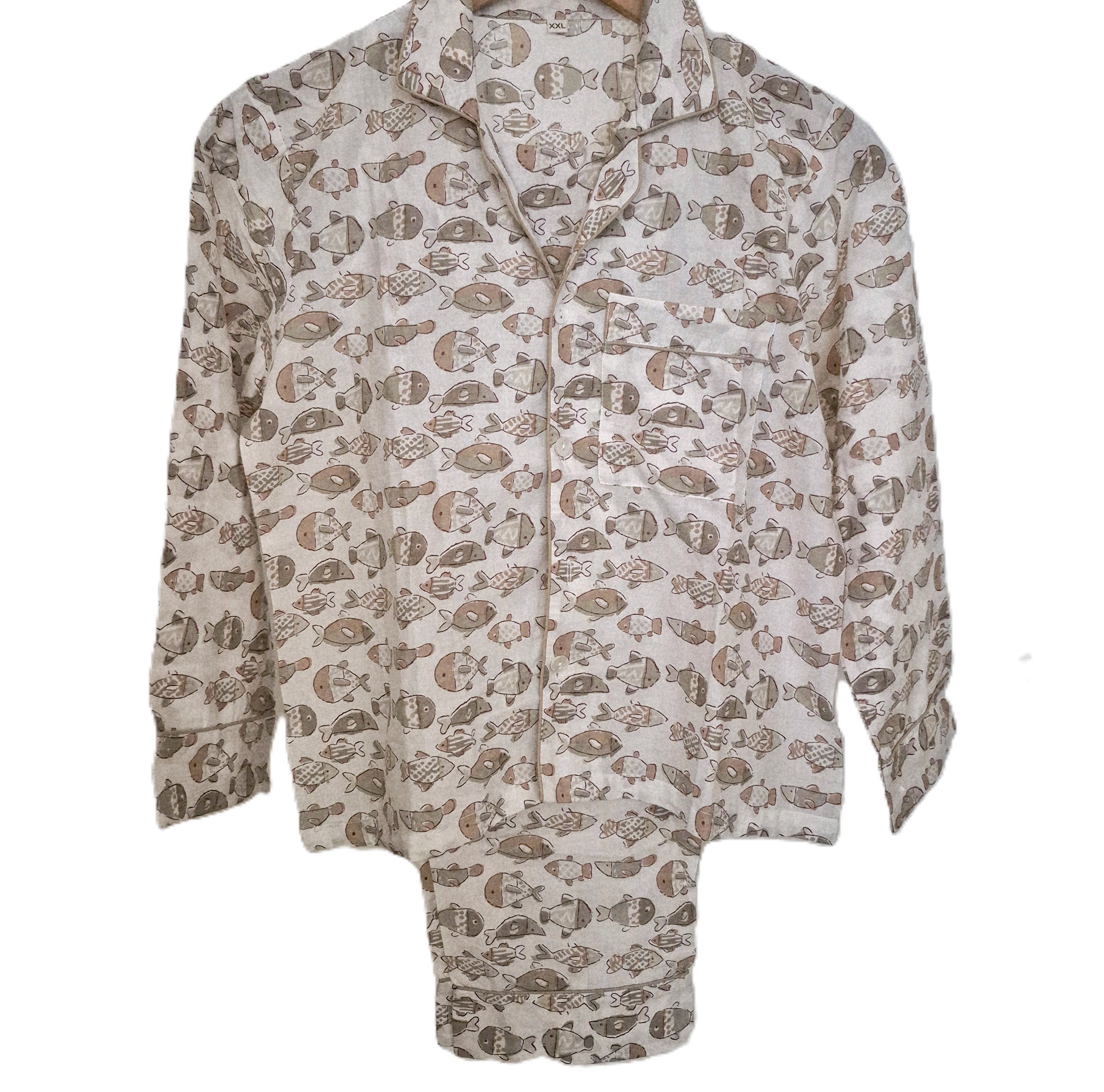 Taupe fish-print kids' pyjama set with matching envelope bag