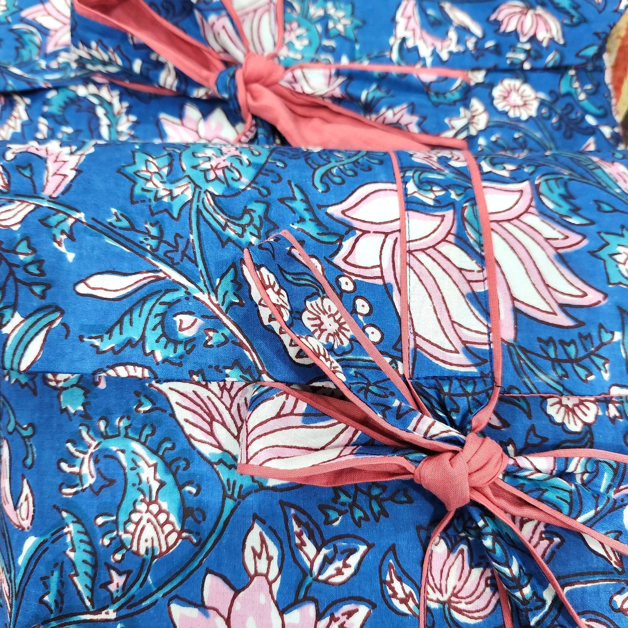 Lotus block-print long pyjamas in blue and pink