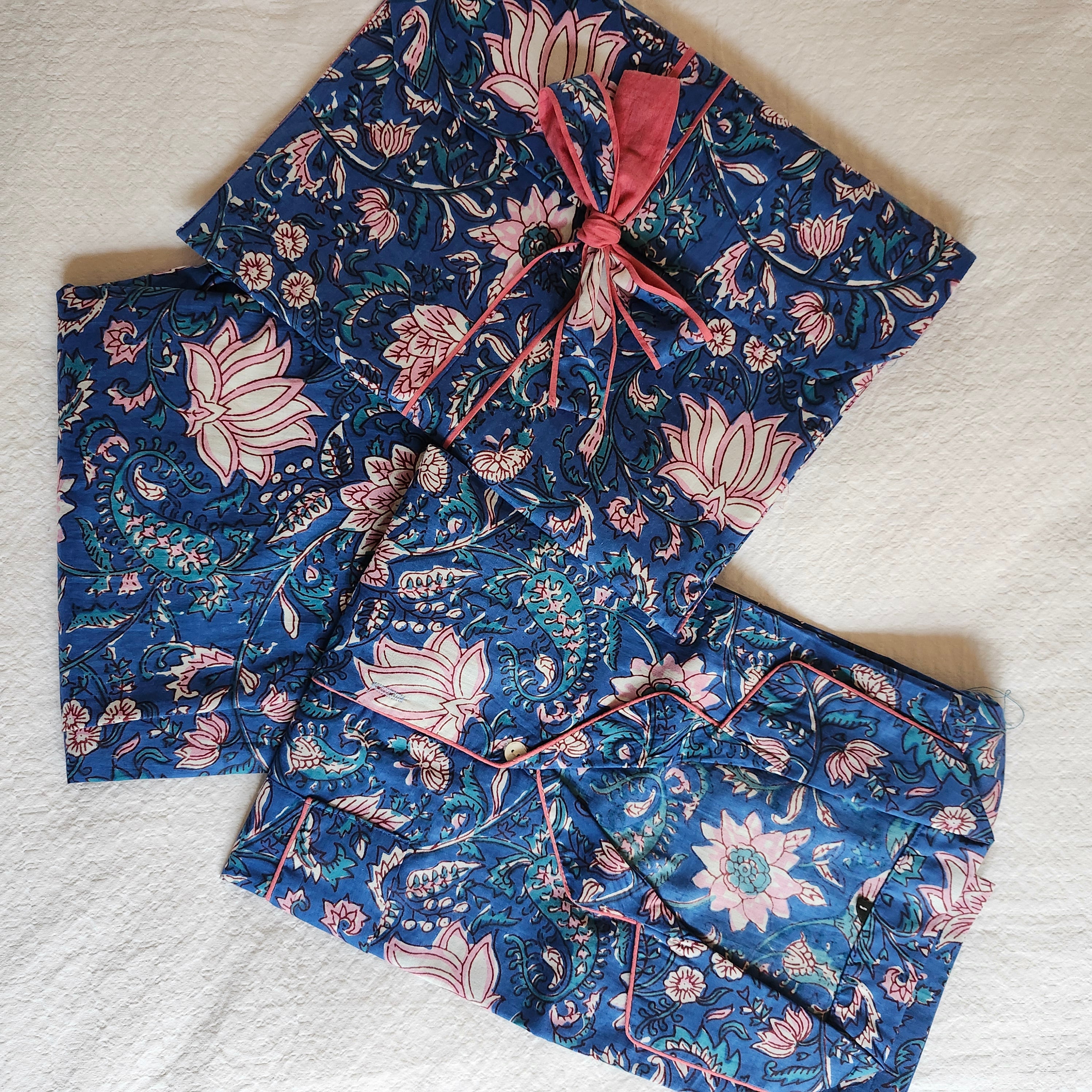 Blue and pink lotus block-print pyjama set
