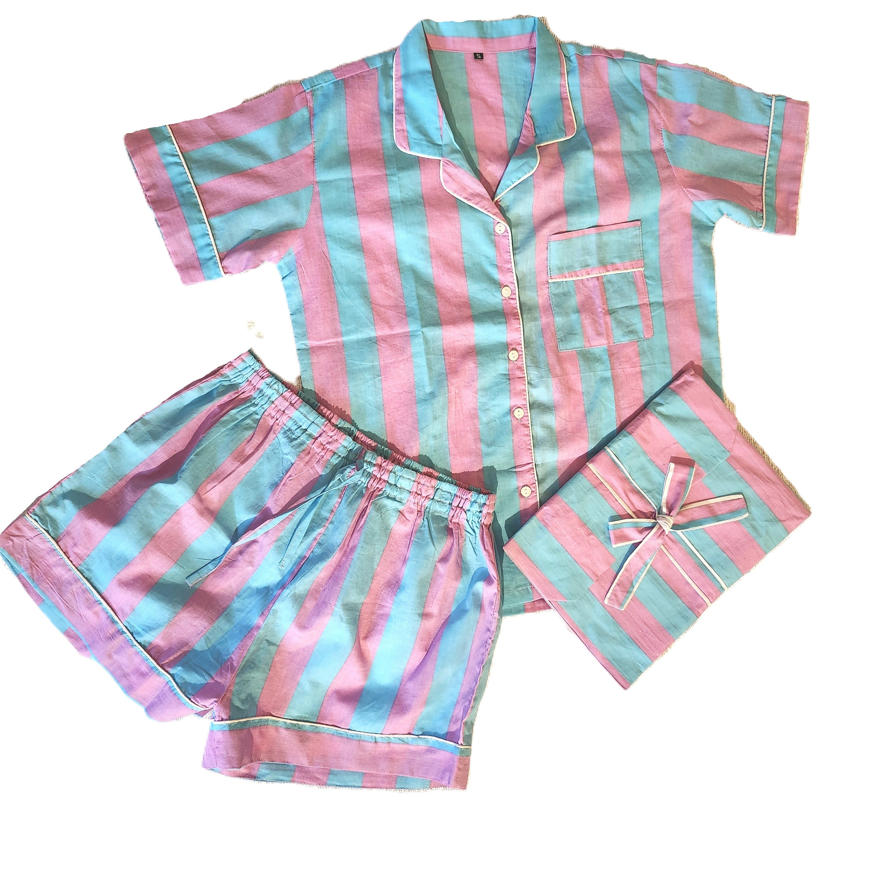 Candy stripe short cotton pyjamas in turquoise and pink