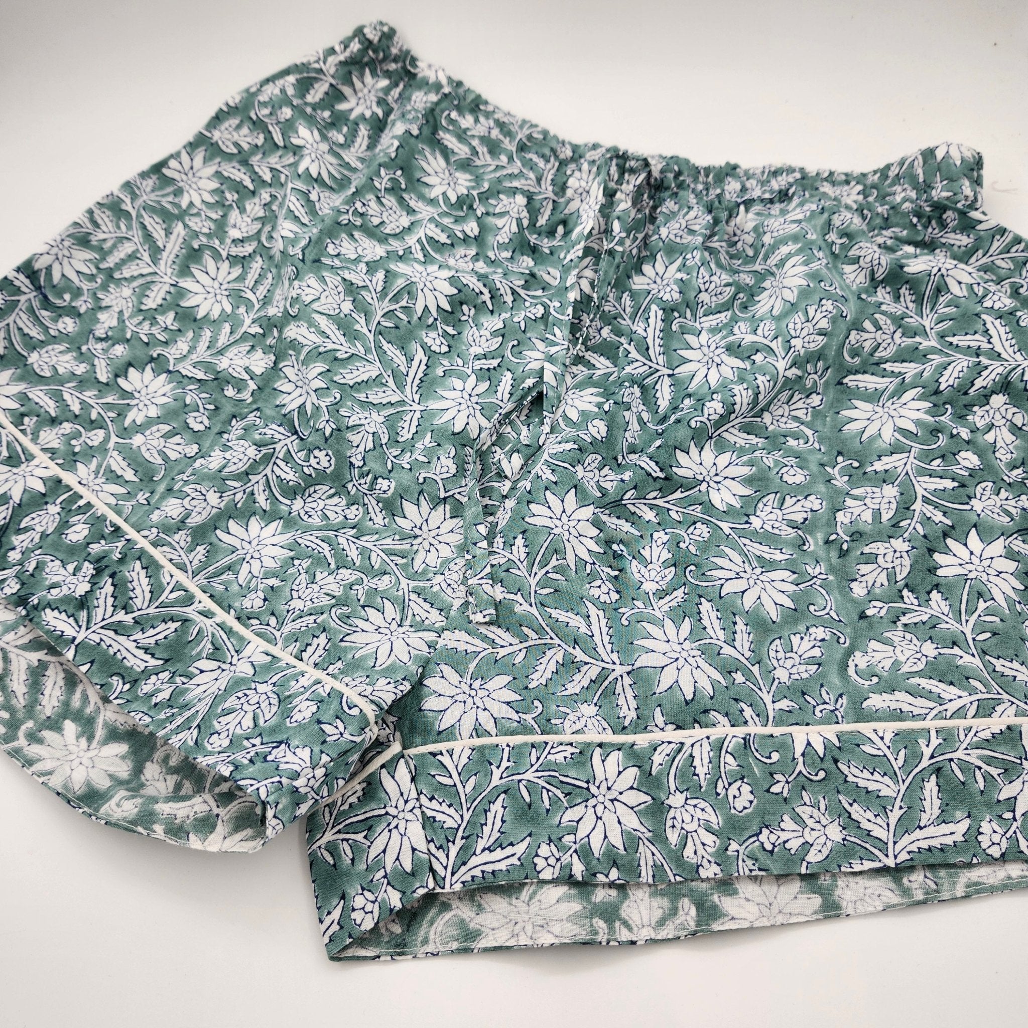 Teal floral block-print pyjama shorts