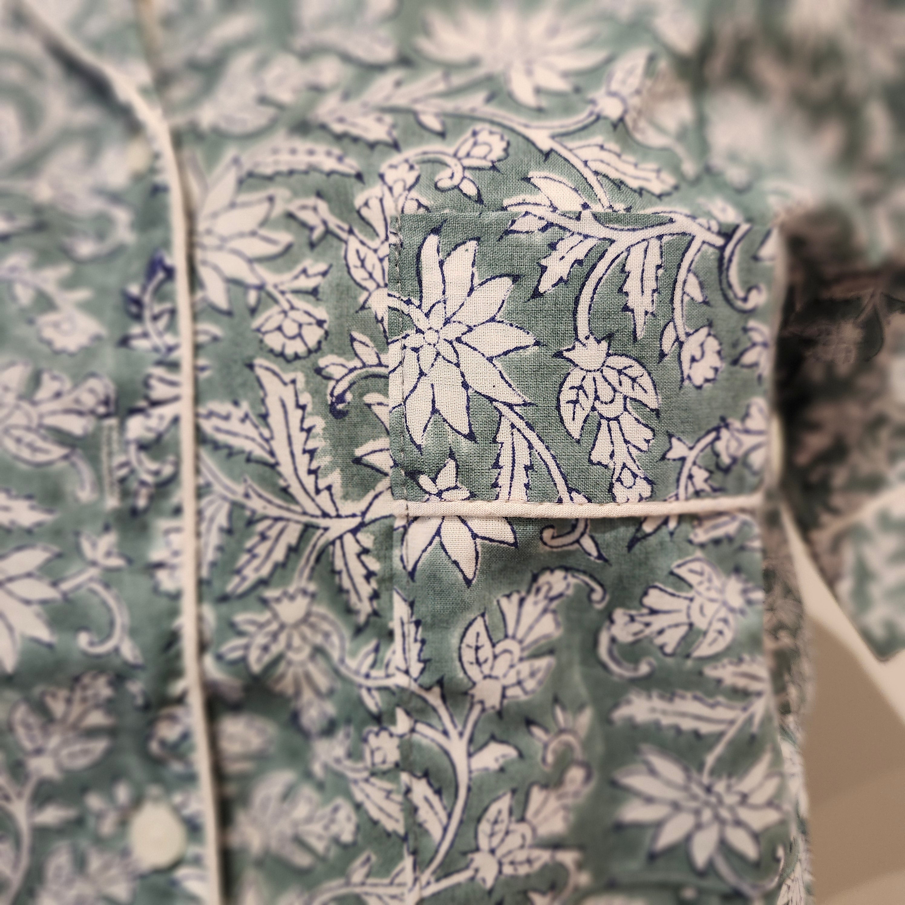 Floral block-print short pyjamas, white flowers on teal