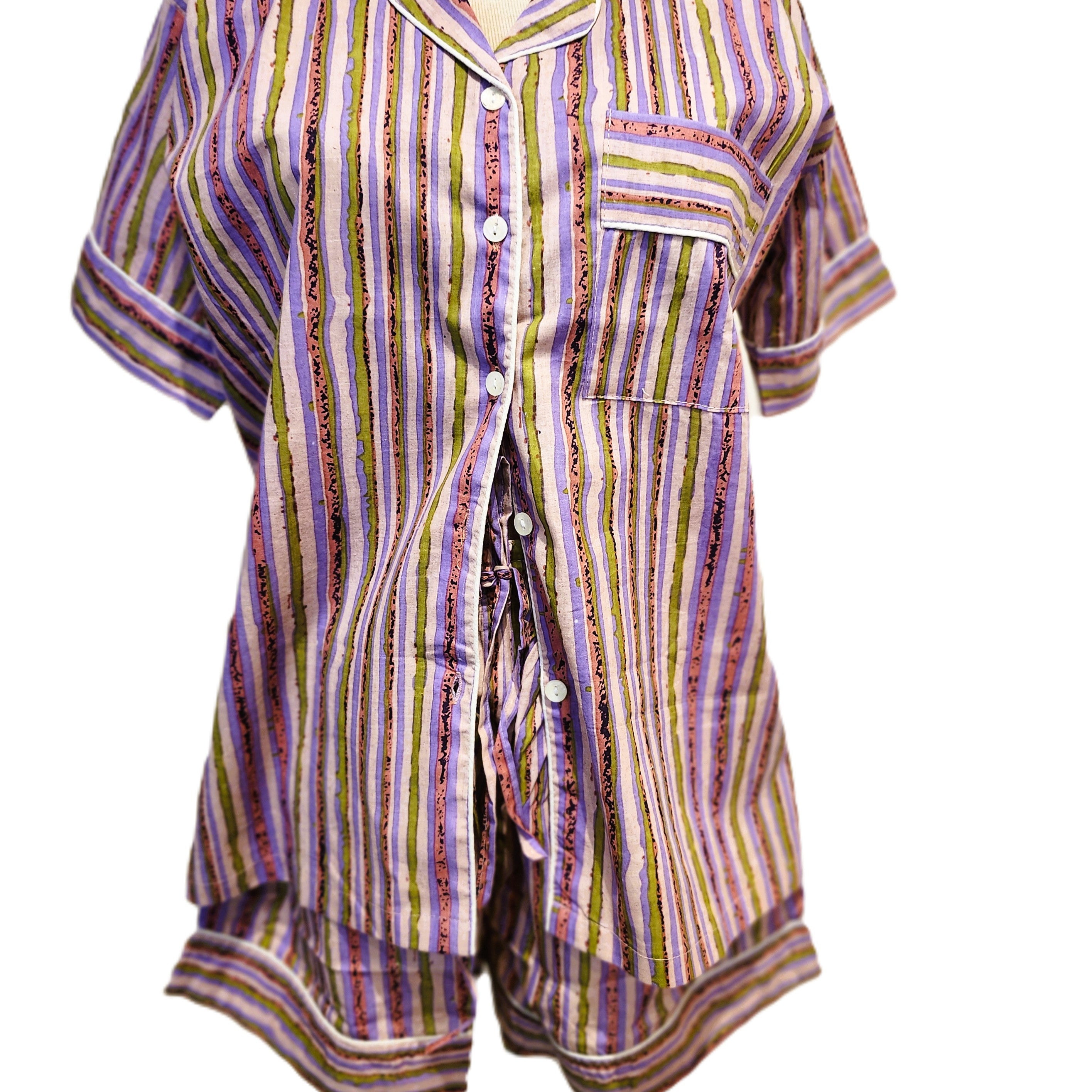 Short cotton pyjamas in a pink, mauve and green stripe